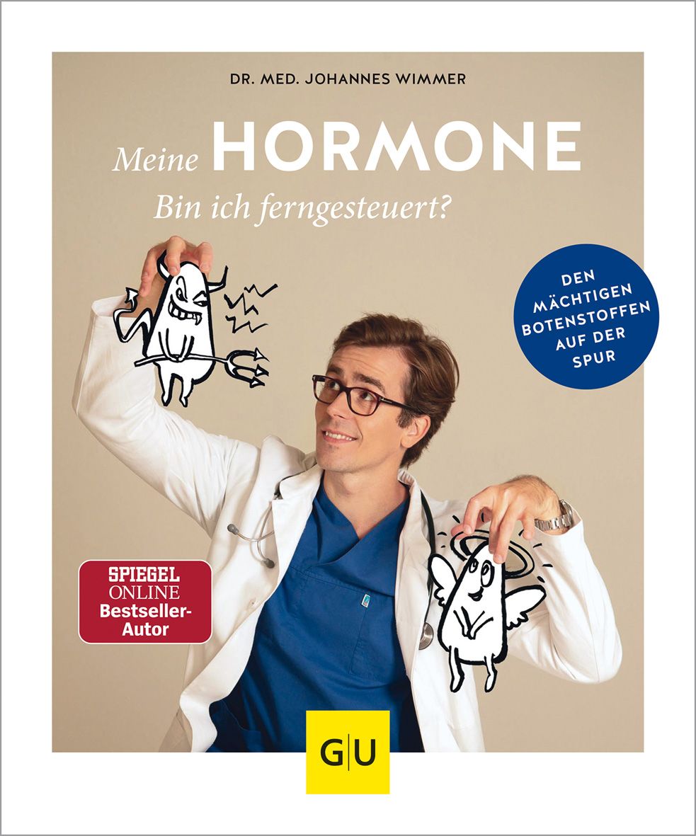 Buchcover: "Meine Hormone - Bin ich ferngesteuert?" von Dr. med. Johannes Wimmer. Ein Mann hält Engel und Teufel-Zeichnungen. GU-Logo.