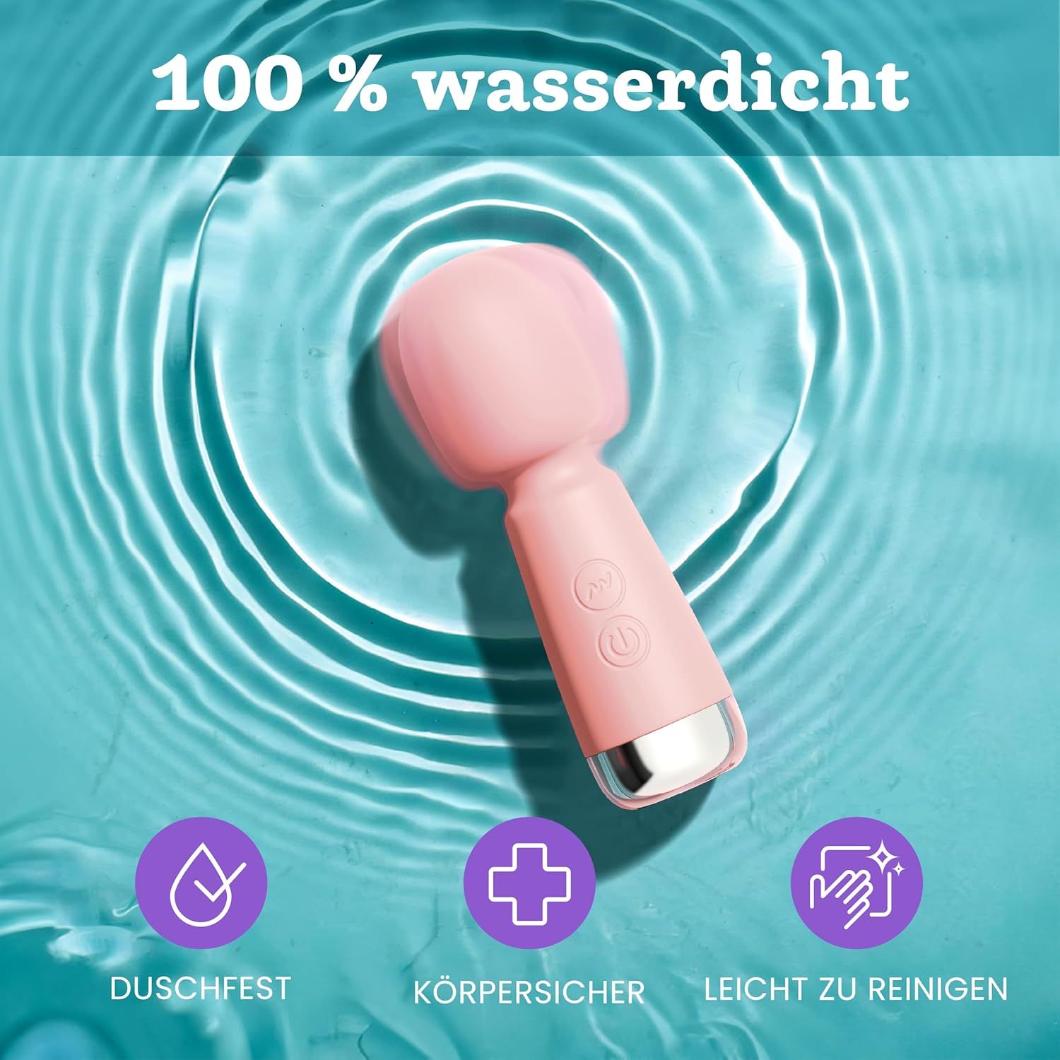 Rosa Mini-Vibrator auf Wasseroberfläche, 100% wasserdicht, duschfest, körperverträglich, leicht zu reinigen.