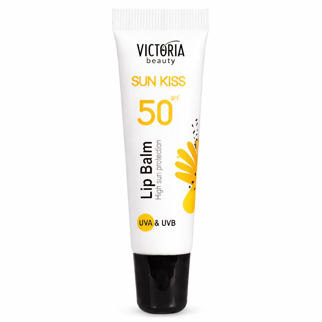 Victoria Beauty Lippenbalsam, Sonnenschutz LSF 50. Weiße Tube mit schwarzem Deckel. Gelbe Schrift und Sonnenblumen-Design.