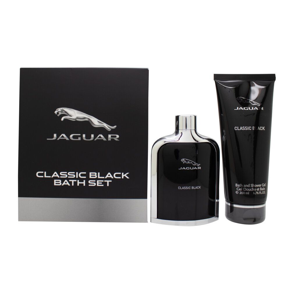 Schwarzes Jaguar Classic Black Bath Set. Enthält Flakon, Tube und Schachtel. Silbernes Logo und Schriftzug.