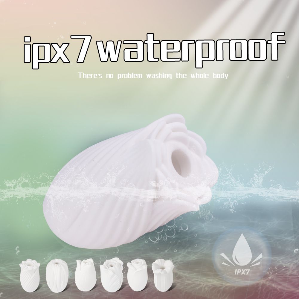 Weißer Masturbator in Blütenform. Text: ipx7 waterproof. Wasserdicht-Symbol. Sechs weitere Blütenformen.