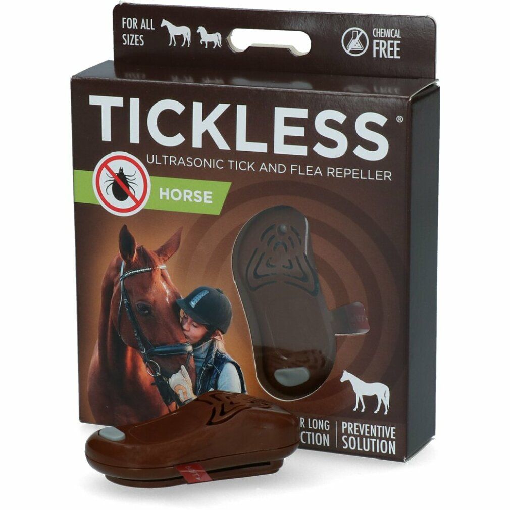 Verpackung von TICKLESS Pferden. Braun. Mit Produktabbildung, Pferd und Person. Gerät im Vordergrund.