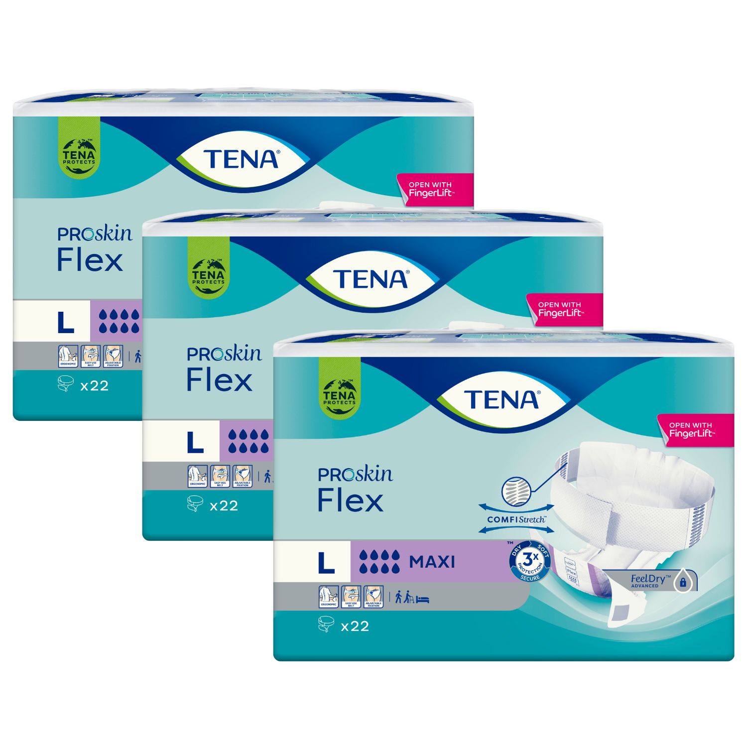 Drei Packungen TENA Flex Maxi. Aufschrift: ProSkin Flex, Größe L, x22. Mit FingerLift-Funktion.