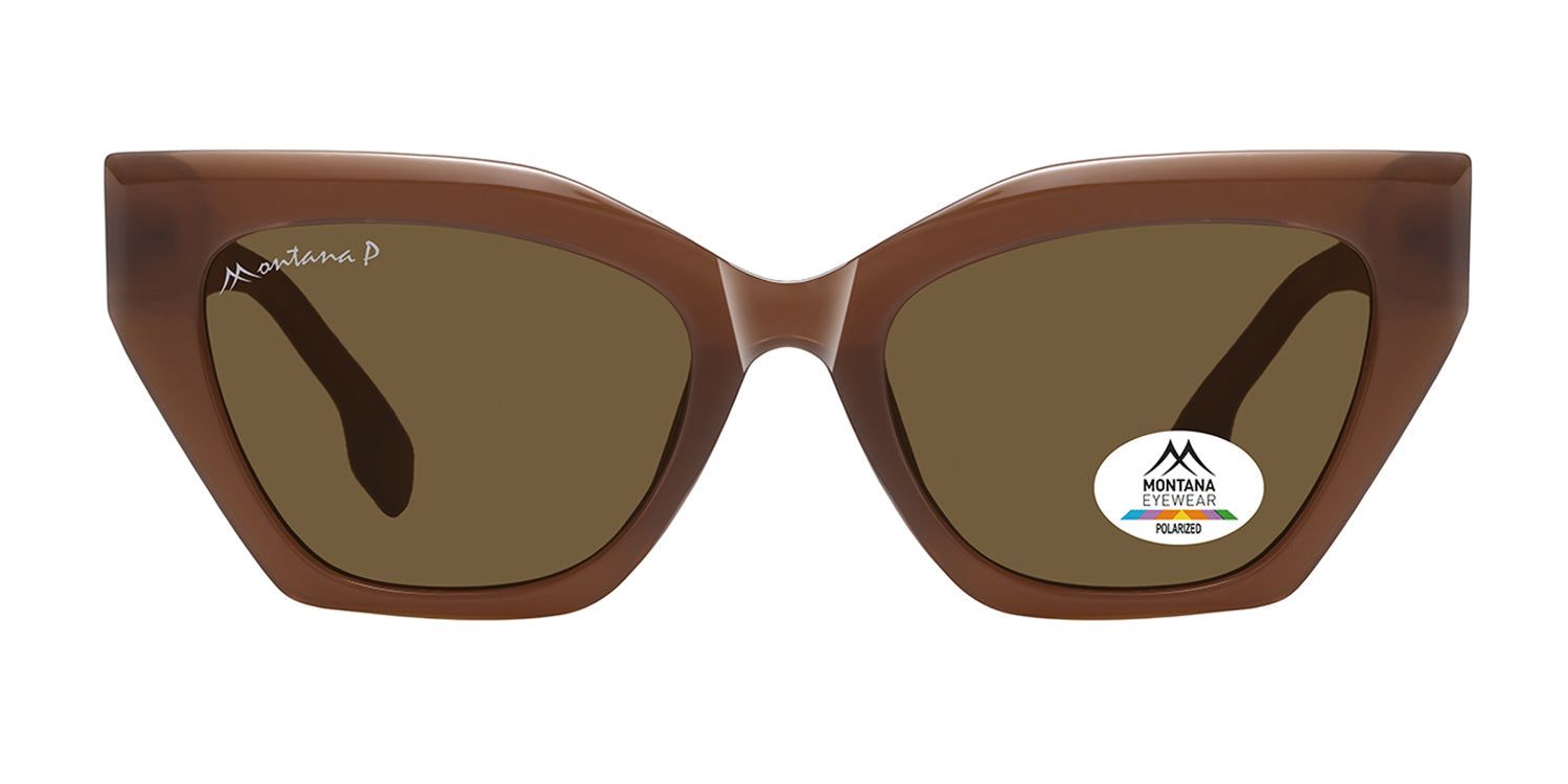 Braune Sonnenbrille mit breitem Rahmen. Montana Eyewear Logo auf dem Glas. Polarisierte Gläser.