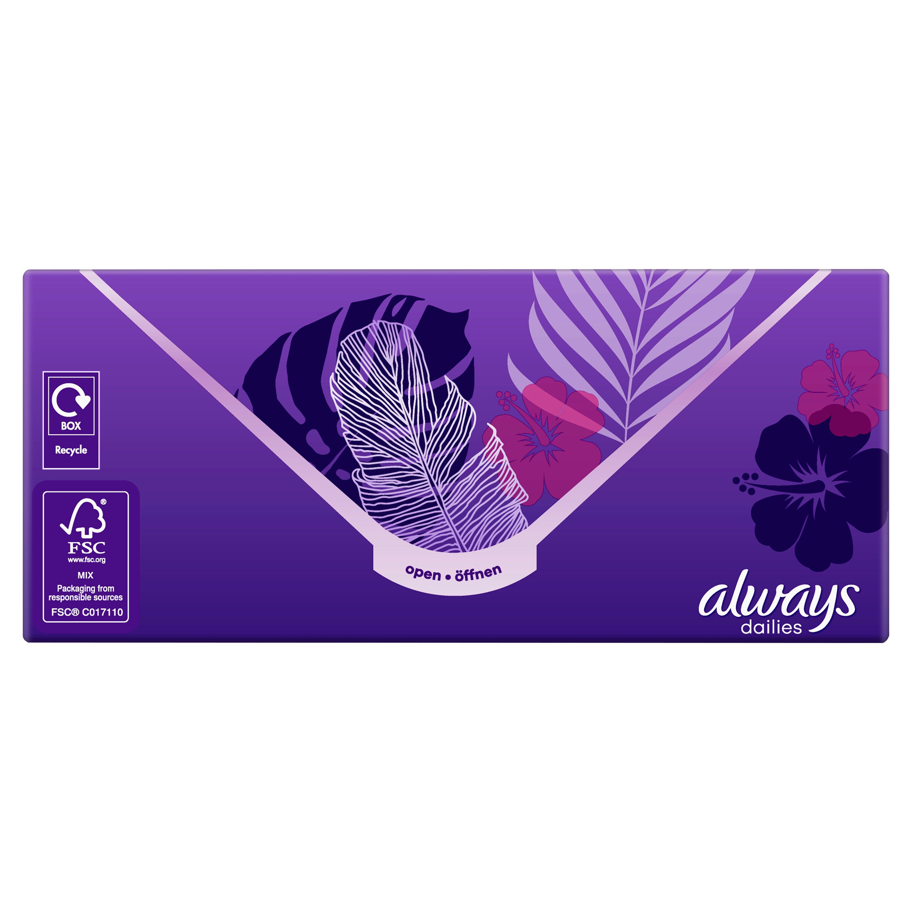 Verpackung von Always dailies Slipeinlagen. Aufschrift: open, öffnen. FSC-Zertifizierung.
