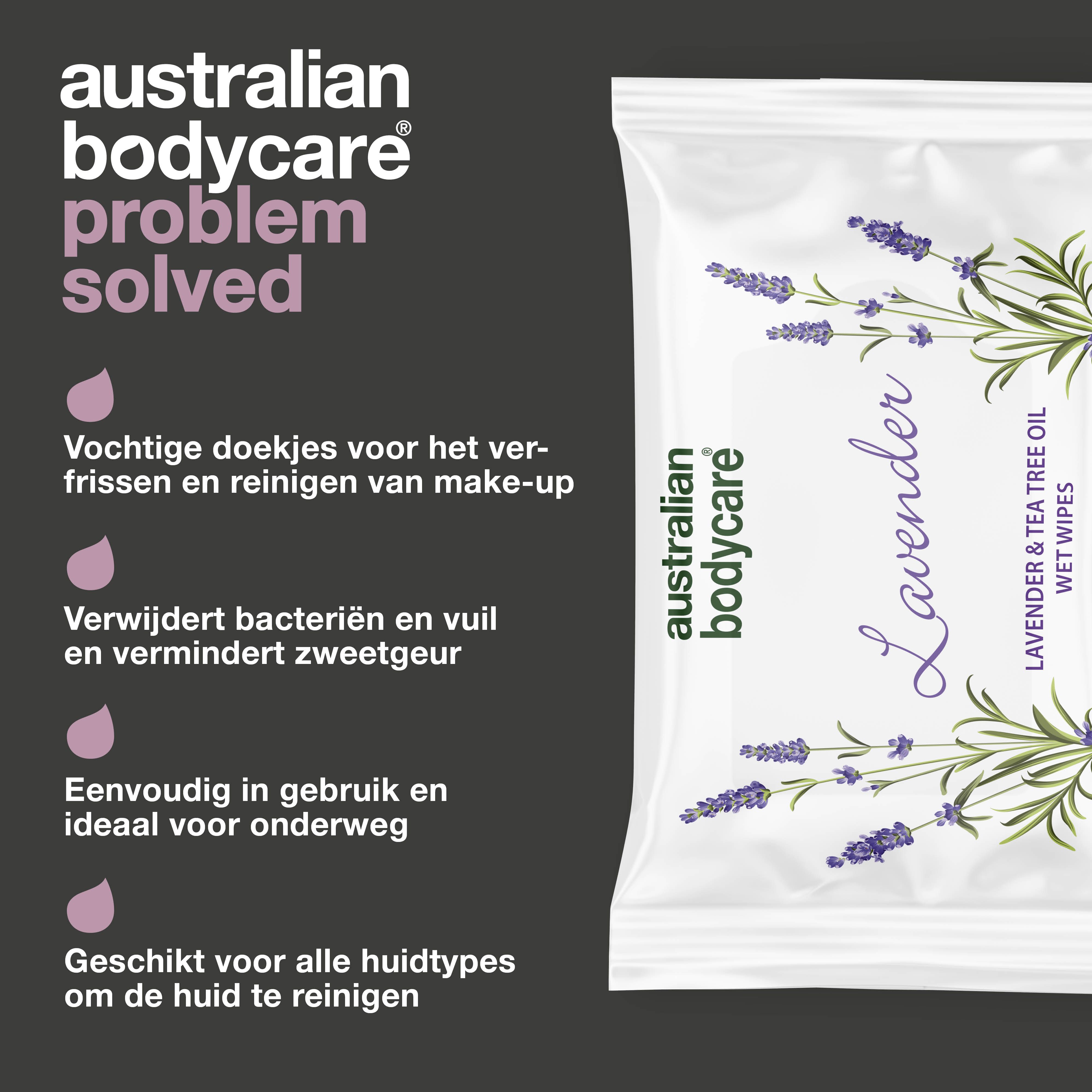 Productverpakking met tekst: "australian bodycare", "Lavender", "Problem solved".