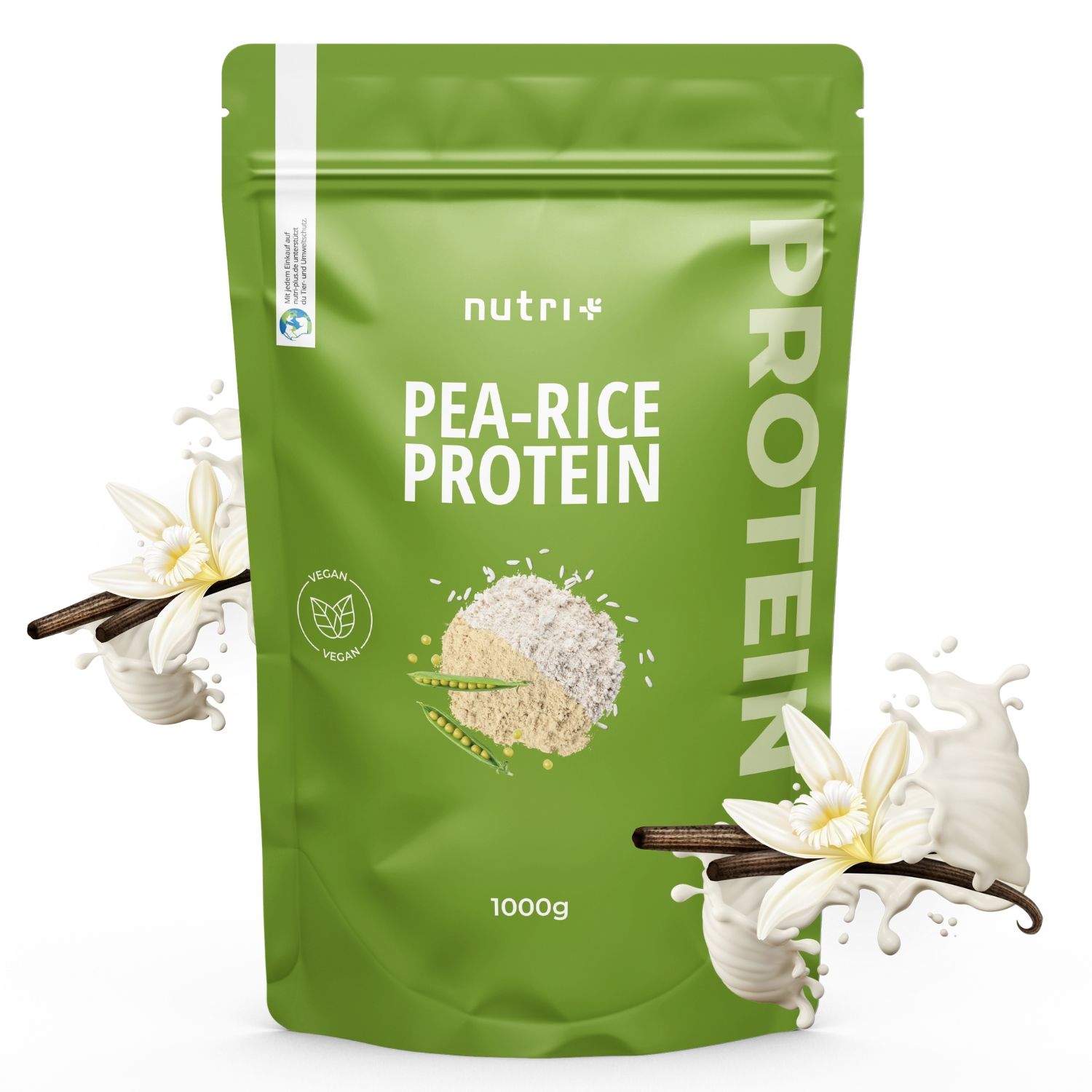 Grüne Verpackung mit 'Pea-Rice Protein' und Logo. 1000g. Vegan-Siegel. Vanilleblüten und Milchspritzer.