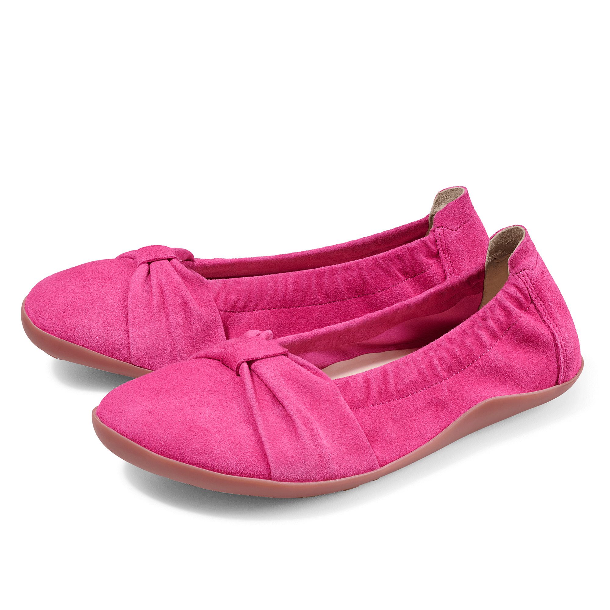 Zwei pinke Ballerinas aus Wildleder mit Schleifen-Detail und Gummizug, von vorne.