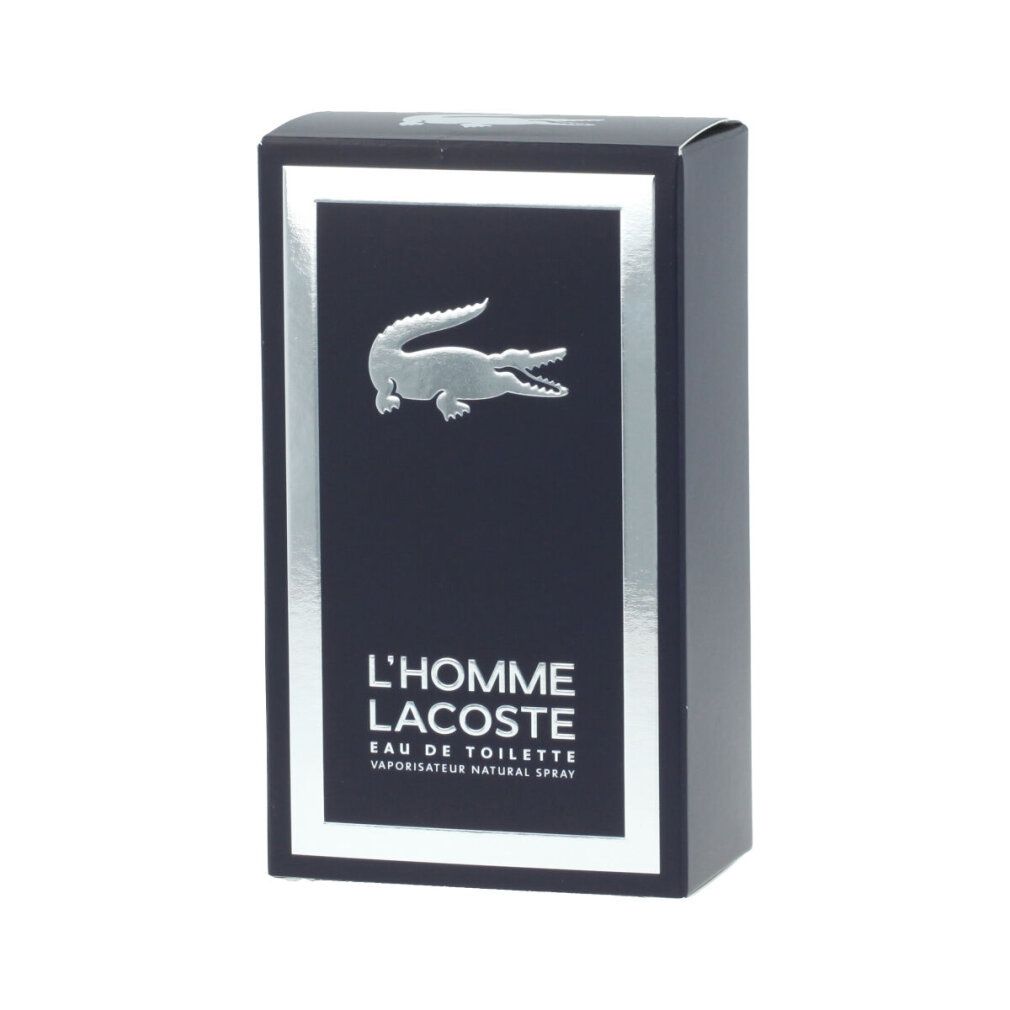 Schwarzer Karton mit silbernem Rahmen. Logo: Krokodil. Text: L'HOMME LACOSTE Eau de Toilette.