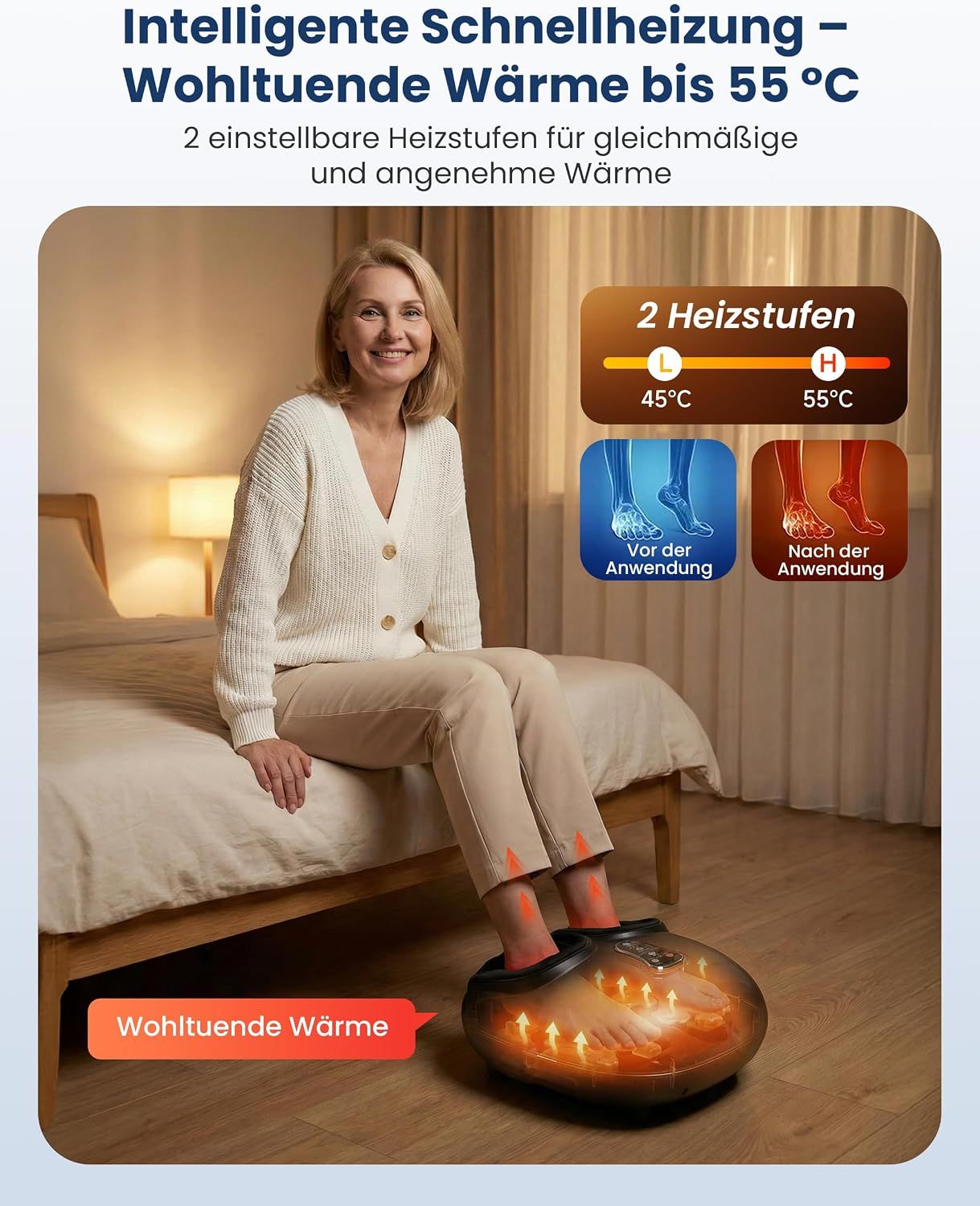 Mann benutzt eine Fußmassagegerät im Sitzen.
