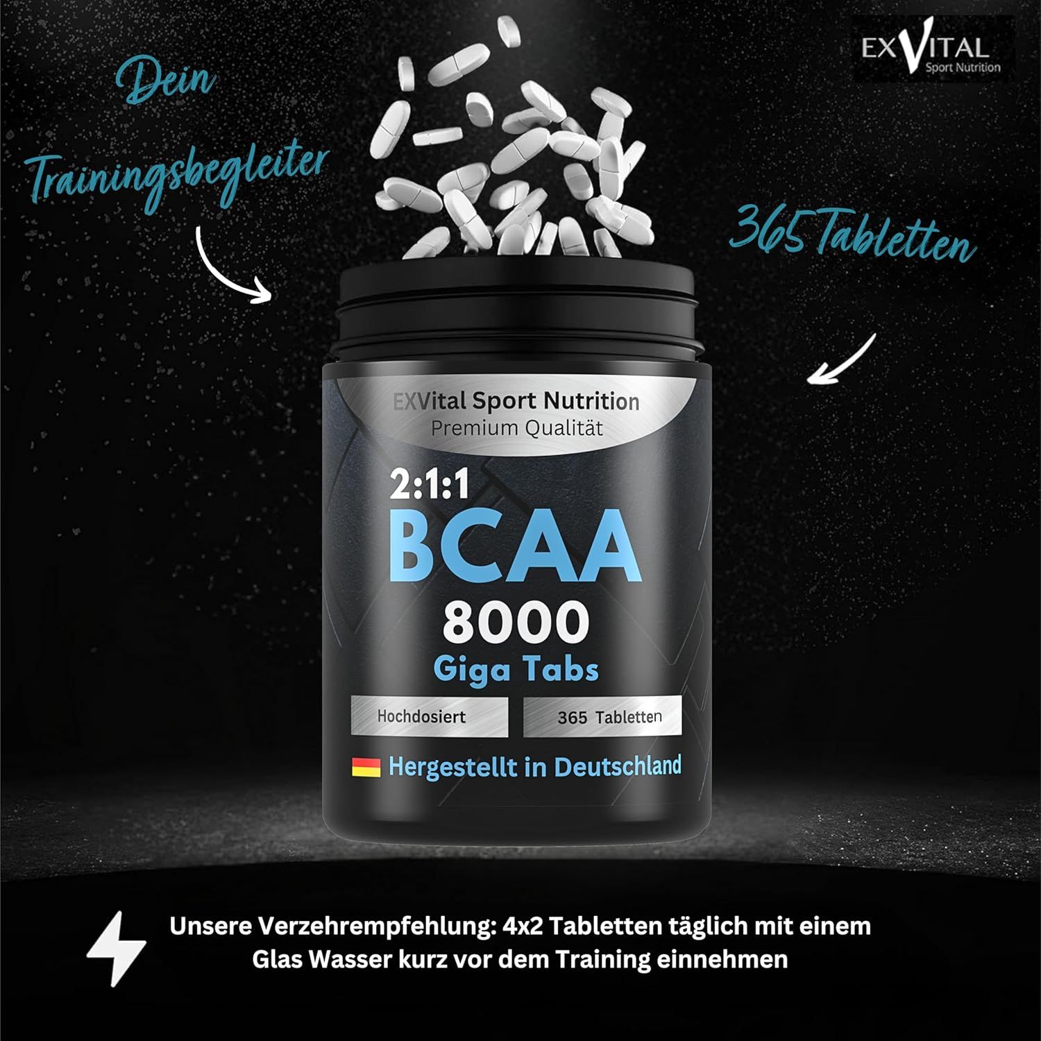 Produktverpackung mit Tabletten. "EXVital BCAA 8000 Giga Tabs". 365 Tabletten. "Hergestellt in Deutschland".