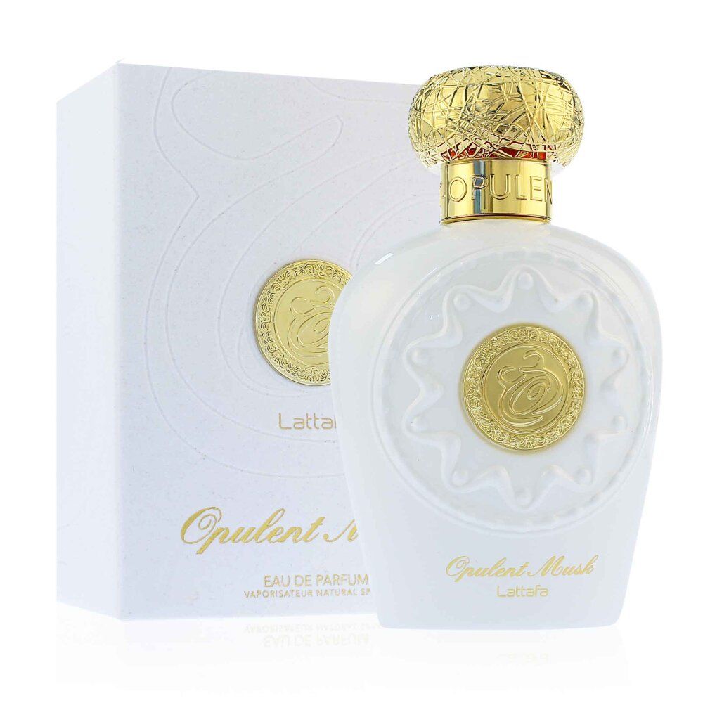Weiße Parfumflasche und -verpackung. Goldfarbener Deckel und Verzierung. Aufschrift: Opulent Musk, Lattafa.