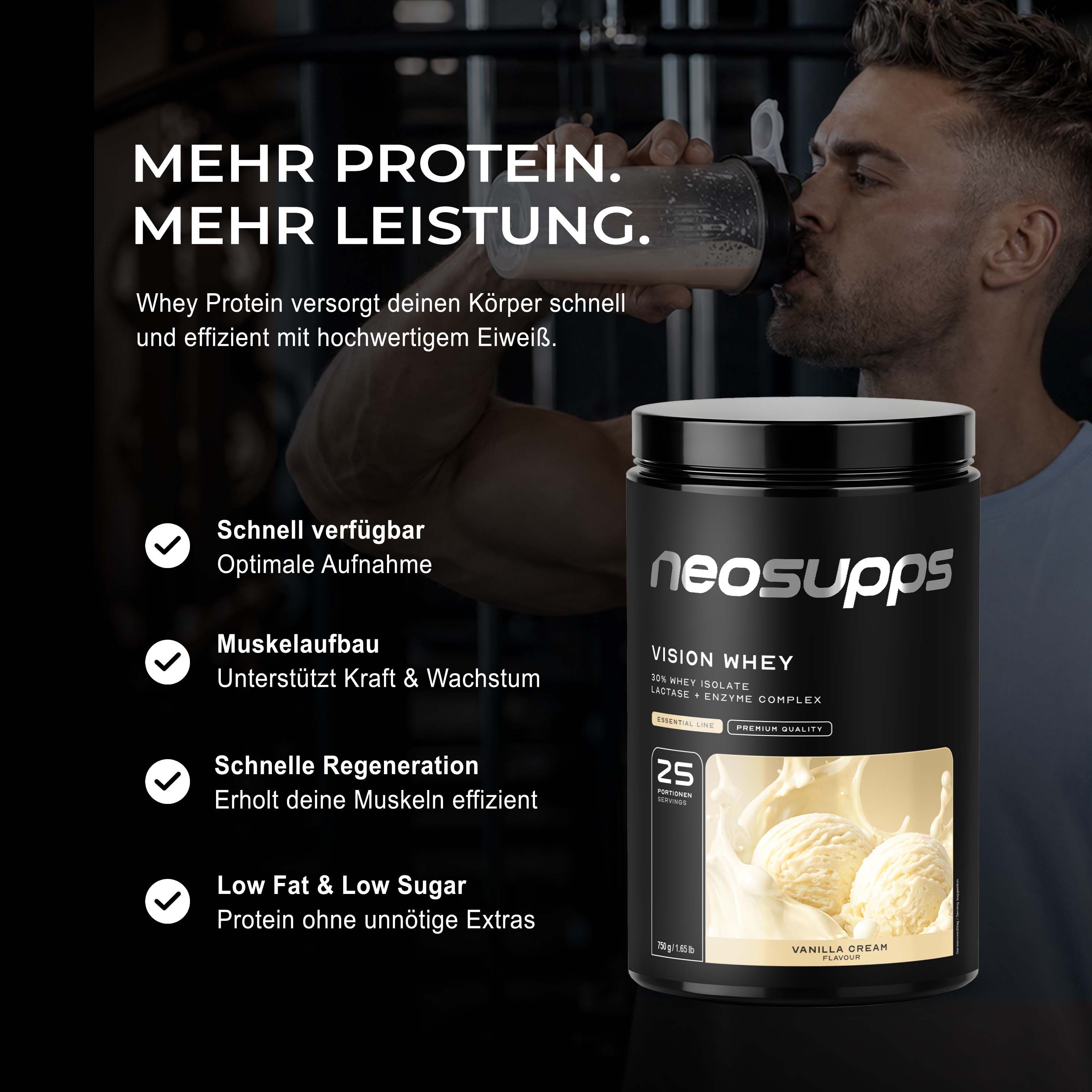 Mann trinkt Neosupps Vision Whey Protein Shake. Behälter daneben mit Text über Leistung.