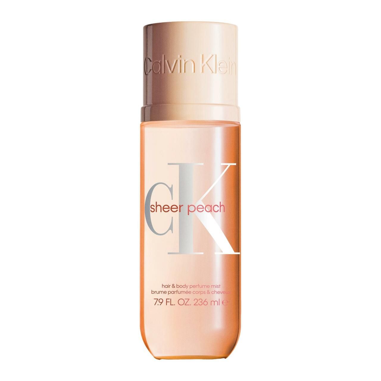 Körper- und Haarspray-Flakon. Farbverlauf von Pfirsich zu transparent. Aufschrift: sheer peach, Calvin Klein. 79 FL. OZ. 236 ml.