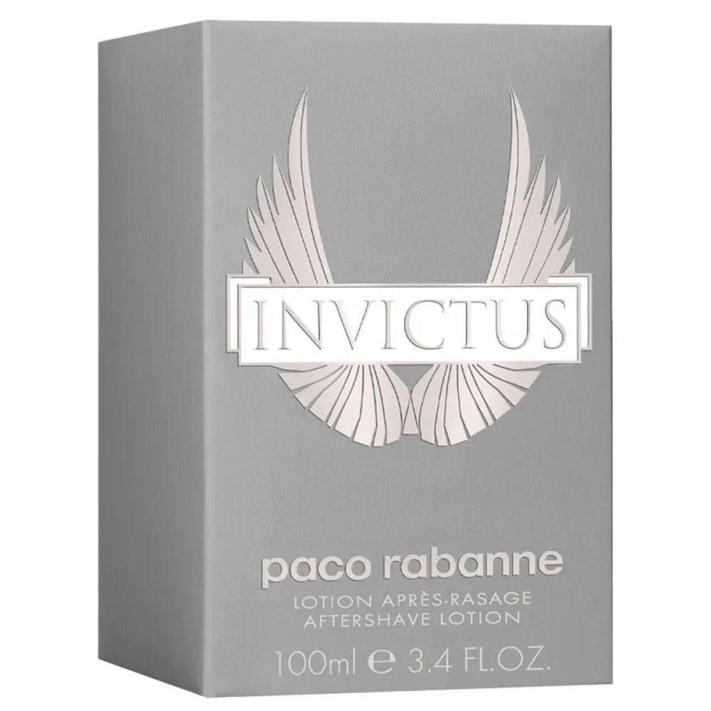 Graue rechteckige Schachtel mit "Invictus"-Logo und "paco rabanne"-Schriftzug. "Aftershave Lotion"-Text.