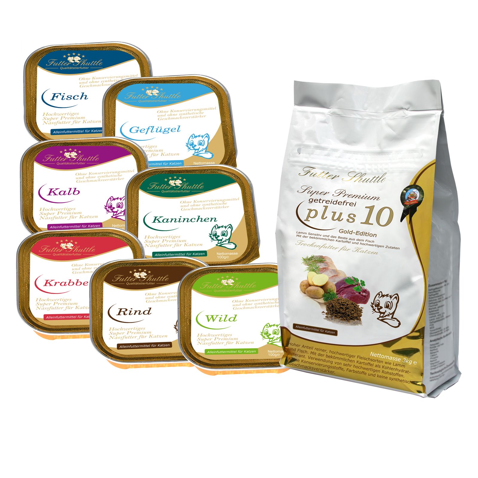 Katzenfutter-Packung und Schalen. Aufschrift "Futter Shuttle Super Premium plus 10". Schalen mit Fisch, Geflügel, Kalb, Kaninchen, Krabbe, Rind, Wild.