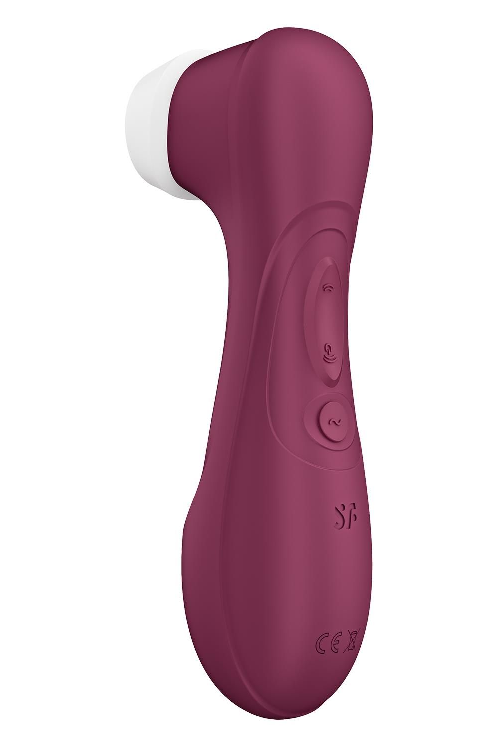 Seitenansicht eines lila Satisfyer Pro 2 mit weißer Spitze.