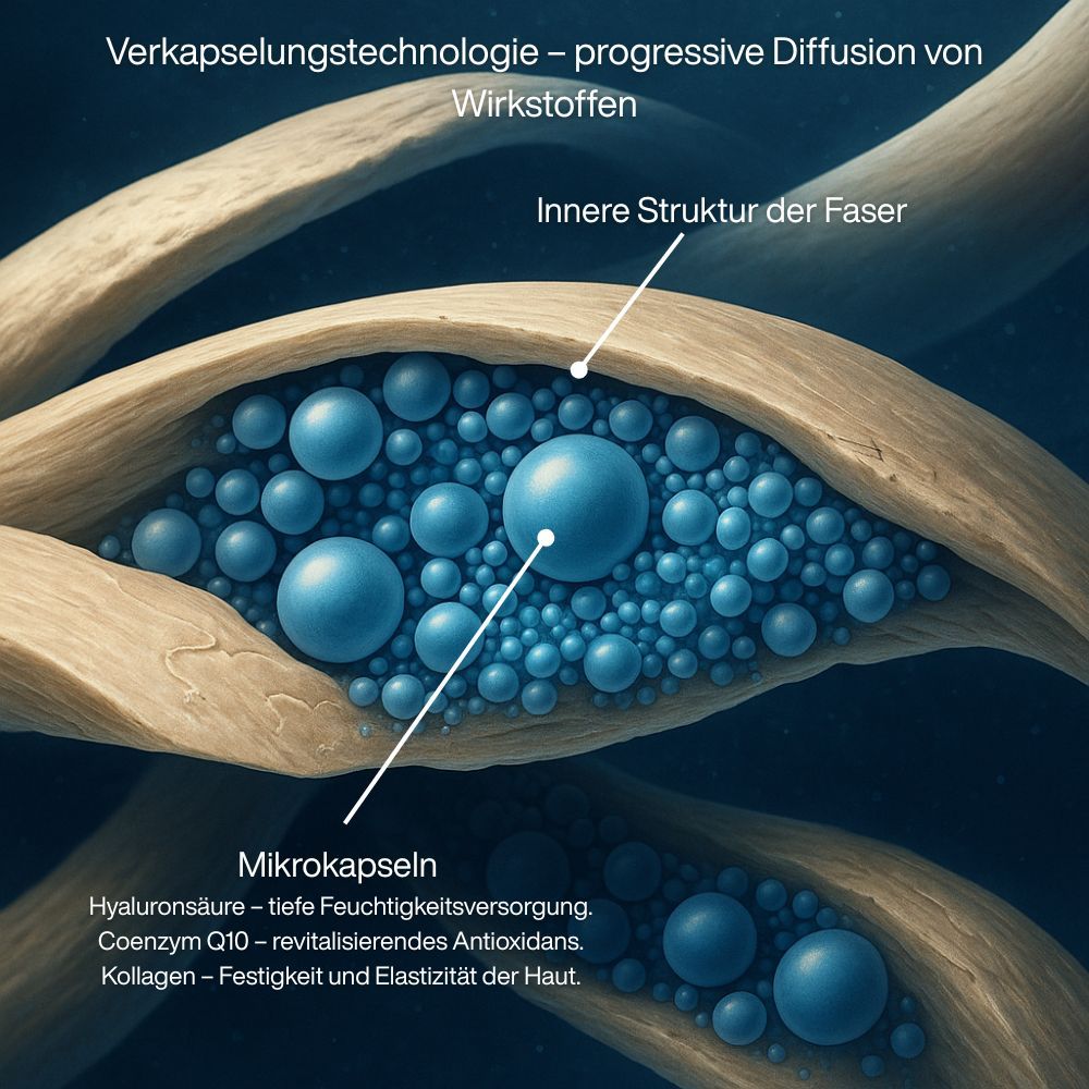 Mikrokapselfasern. Text: Hyaluronsäure, Coenzym Q10, Kollagen.
