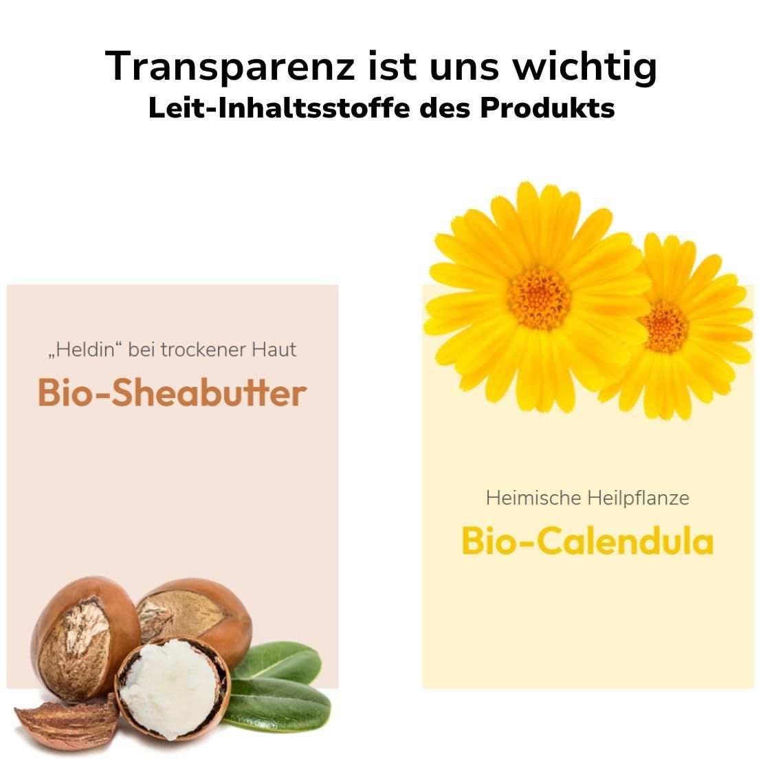 Abbildung von Sheabutter und Calendula-Blüten. Text: Bio-Sheabutter, Bio-Calendula. Transparenz ist uns wichtig. Leit-Inhaltsstoffe.