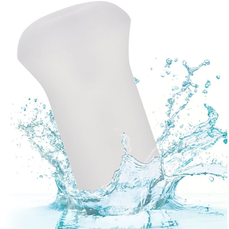 Ein weißer, bauchiger Gegenstand taucht in Wasser ein, wobei Wasserspritzer entstehen.