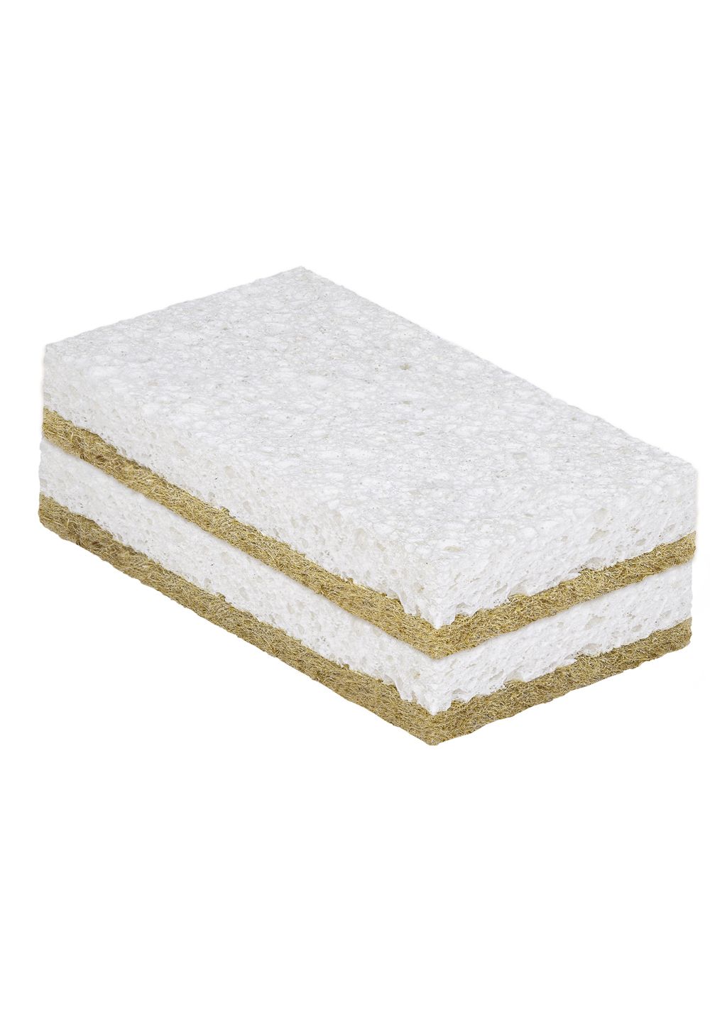 Ein Spülschwamm aus Viscose-Sisal, weiß und braun, mit zwei Schichten.