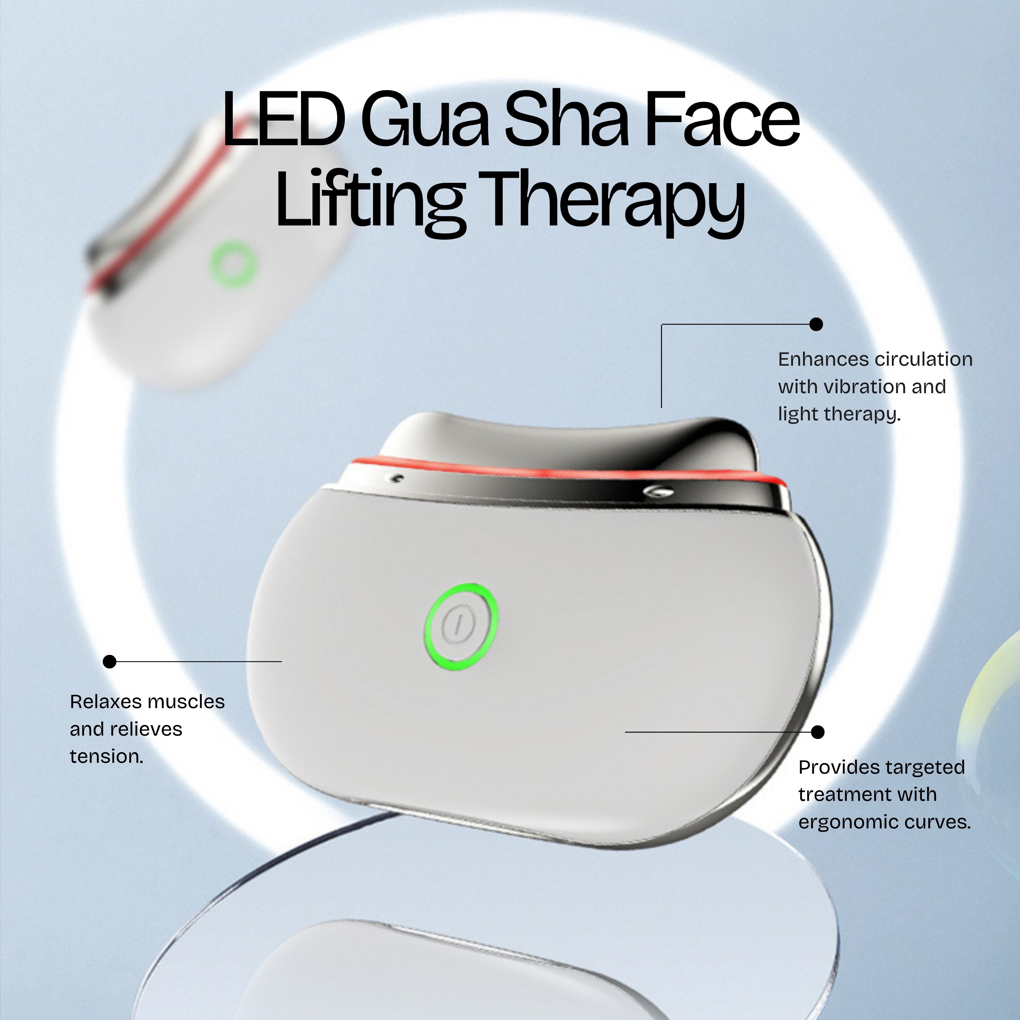 Zwei weiße LED Gua Sha Gesichtslifting-Therapiegeräte mit silberner Umrandung, grünem Einschaltknopf und rotem Licht.