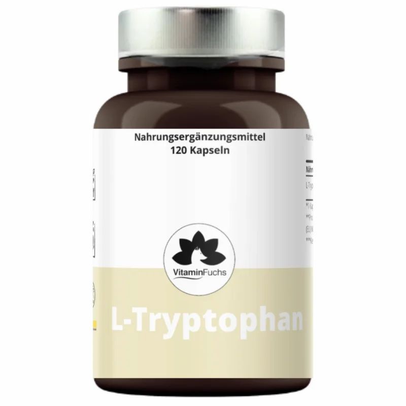 Braune Flasche mit silbernem Deckel. Etikett mit "L-Tryptophan" und "VitaminFuchs" Logo. 120 Kapseln.