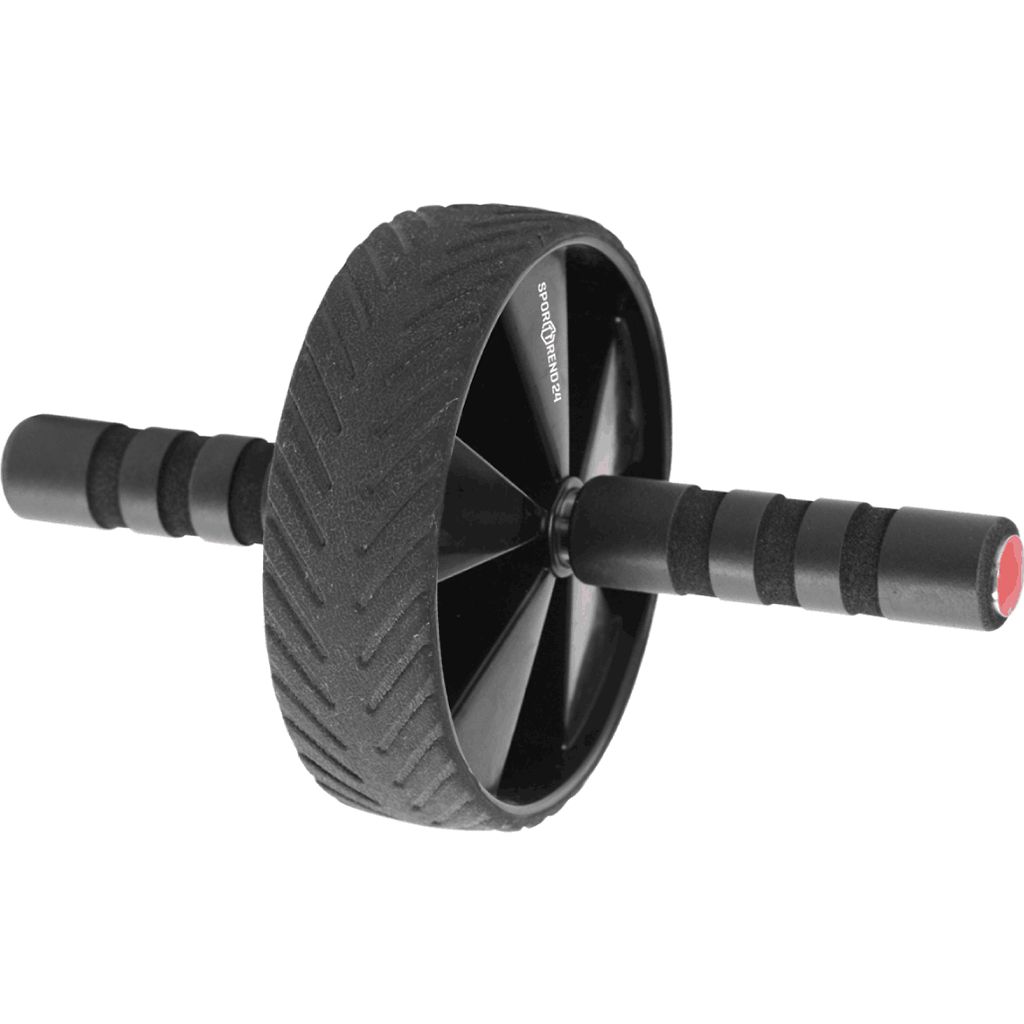 Schwarzer Ab Roller mit Griffen. Das Rad hat ein Chevron-Muster. Griffe mit Schaumstoff. Rotes Ende.