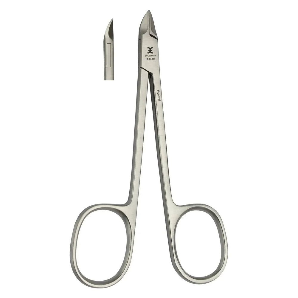 Nagelhautzange aus Metall mit gerader Schneide und Scherengriff. Zusätzliche Nahaufnahme der Schneide.