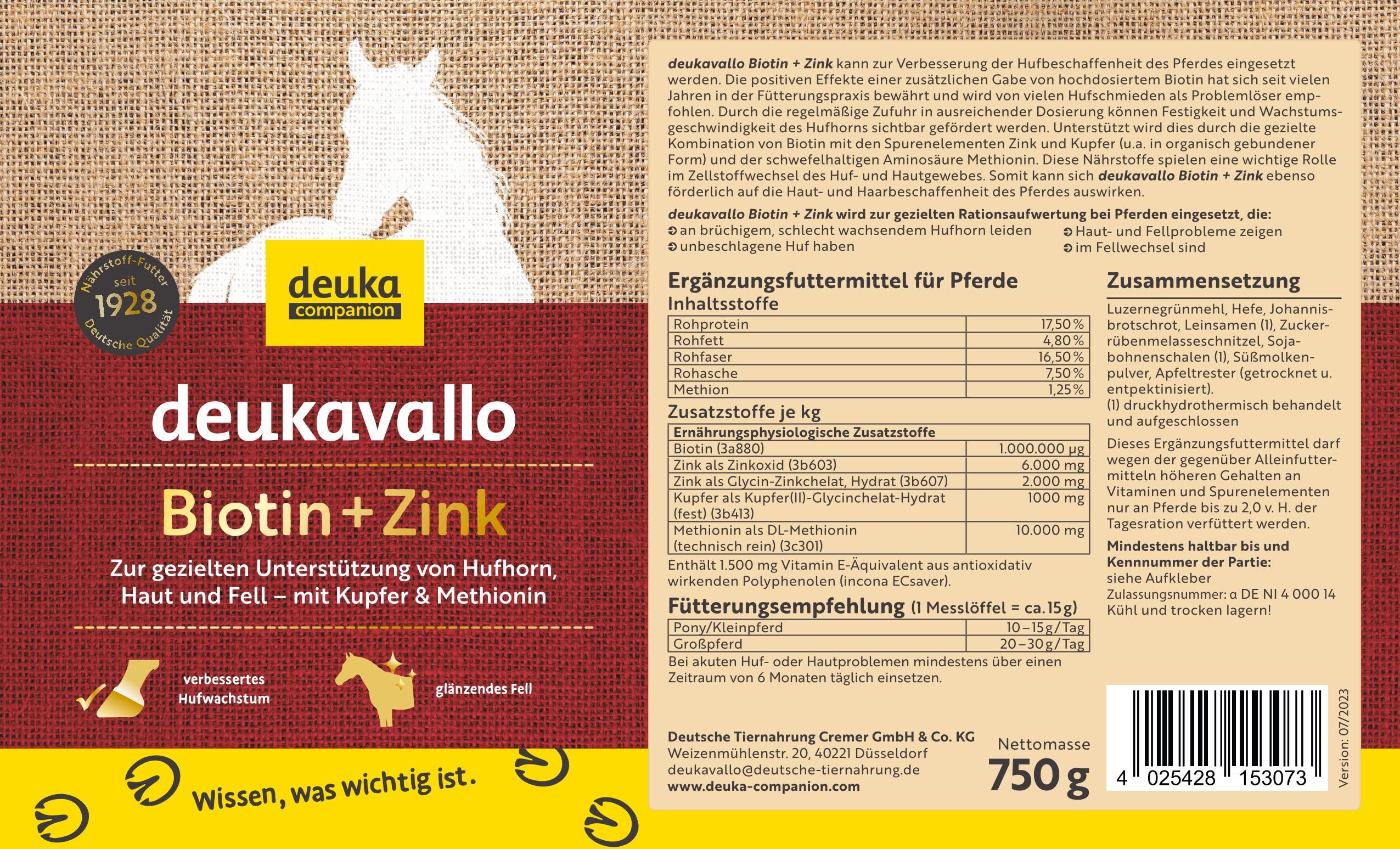 deukavallo Biotin + Zink - Getreidefreies Supplement für Pferde mit Huf- oder Hautproblemen