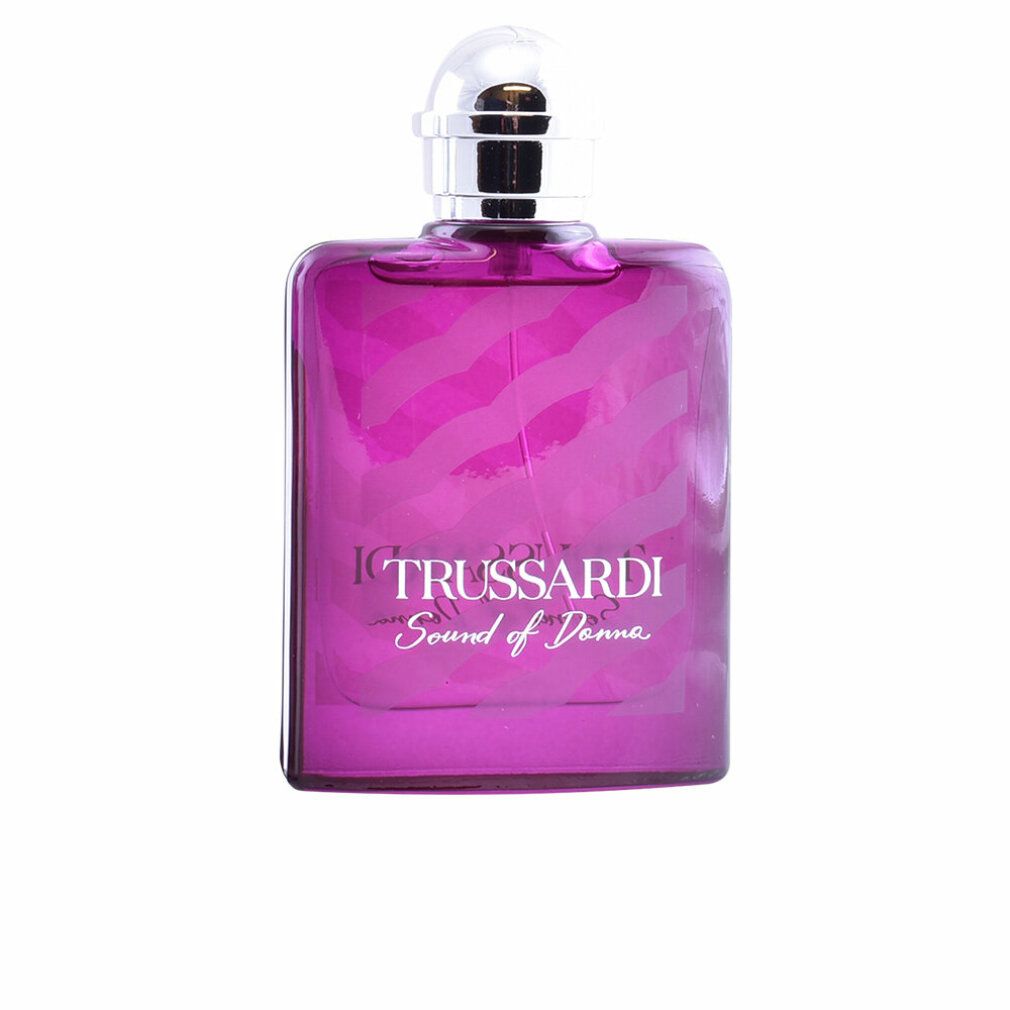 Pinkfarbene Eau de Parfum Flasche mit silbernem Verschluss. Schriftzug: TRUSSARDI Sound of Donna.