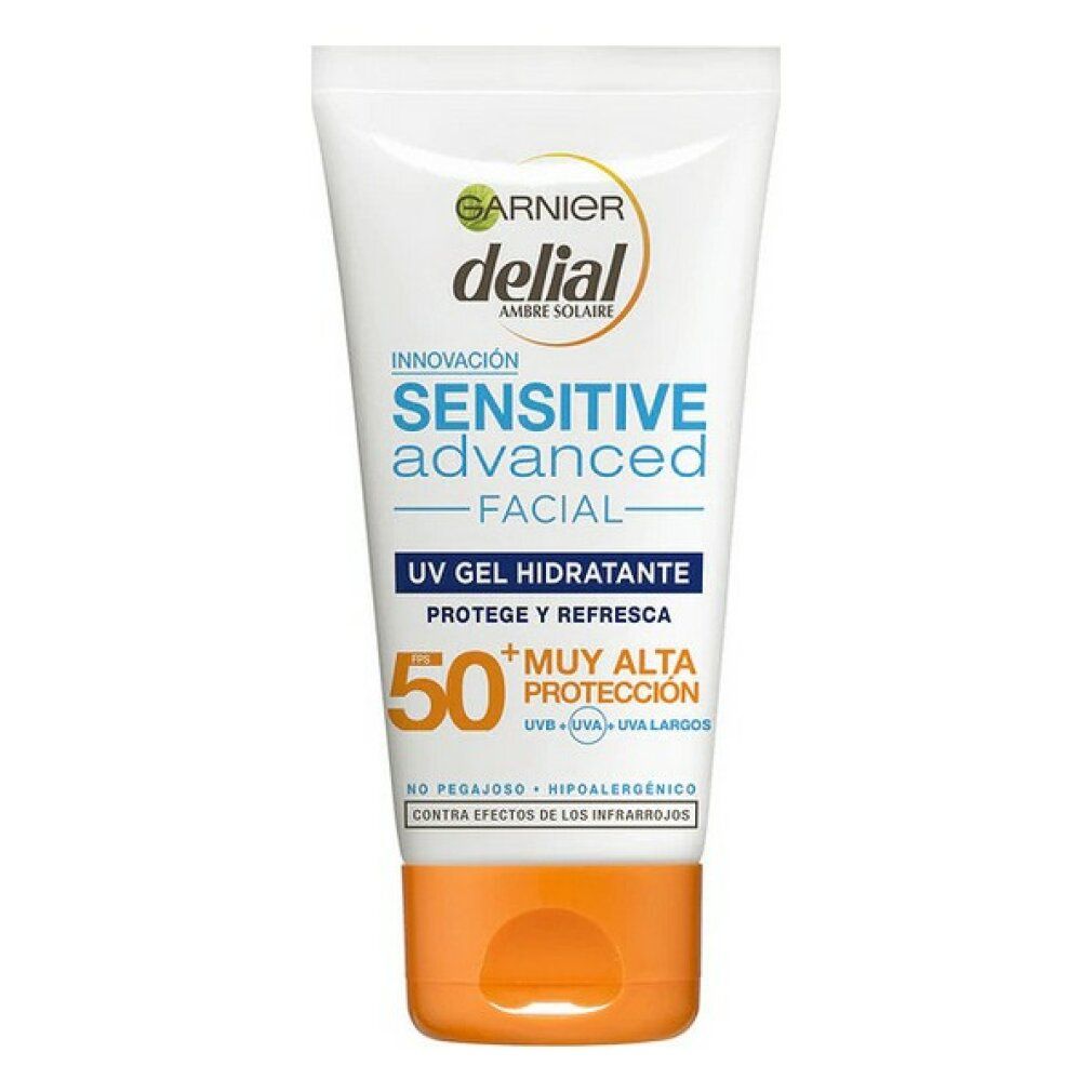 Weiß-orange Tube. Text: Garnier Delial, Sensitive Advanced Facial, UV Gel Hydratante, Schutzfaktor 50. Hypoallergen.