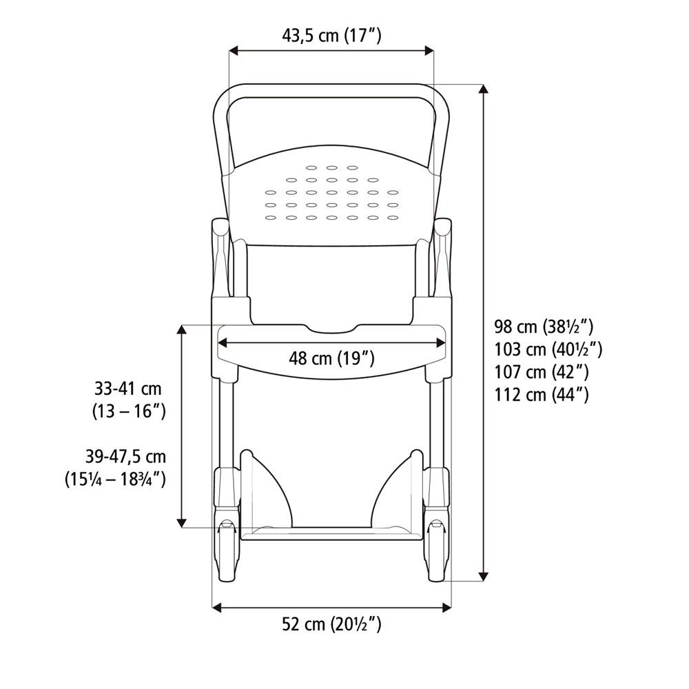 Technische Zeichnung eines Dusch- und Toilettenrollstuhls mit Maßen in cm und Zoll.