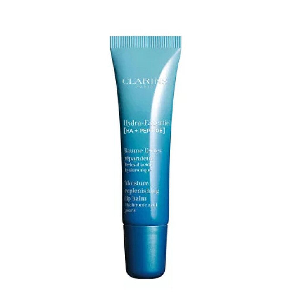 Blauer Lippenbalsam-Tuben von Clarins. Text: Hydra-Essentiel, Baume lèvres réparateur, Moisture replenishing lip balm.