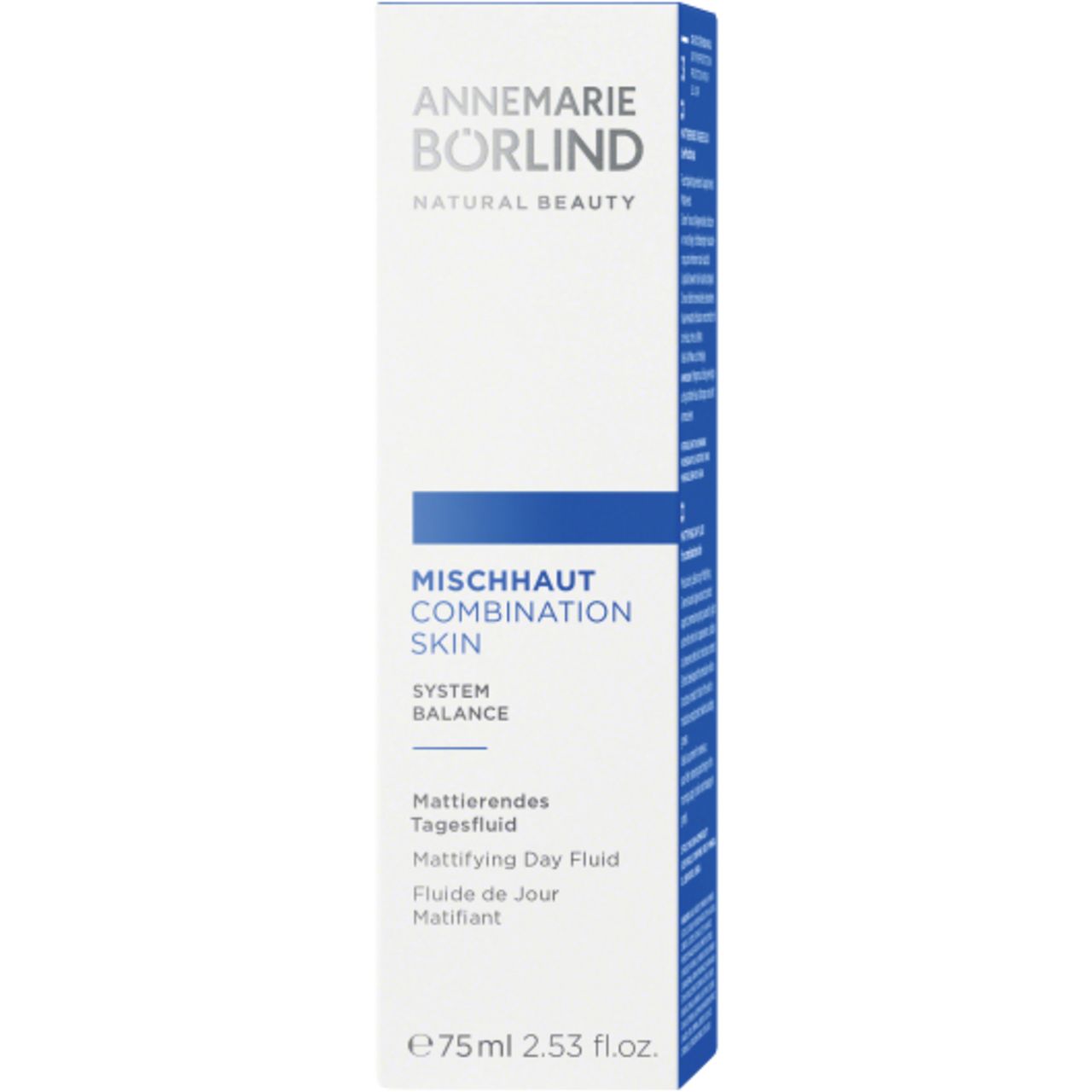 Schachtel mit blauem Streifen und Text. Enthält Tagesfluid für Mischhaut. Marke: ANNEMARIE BÖRLIND.