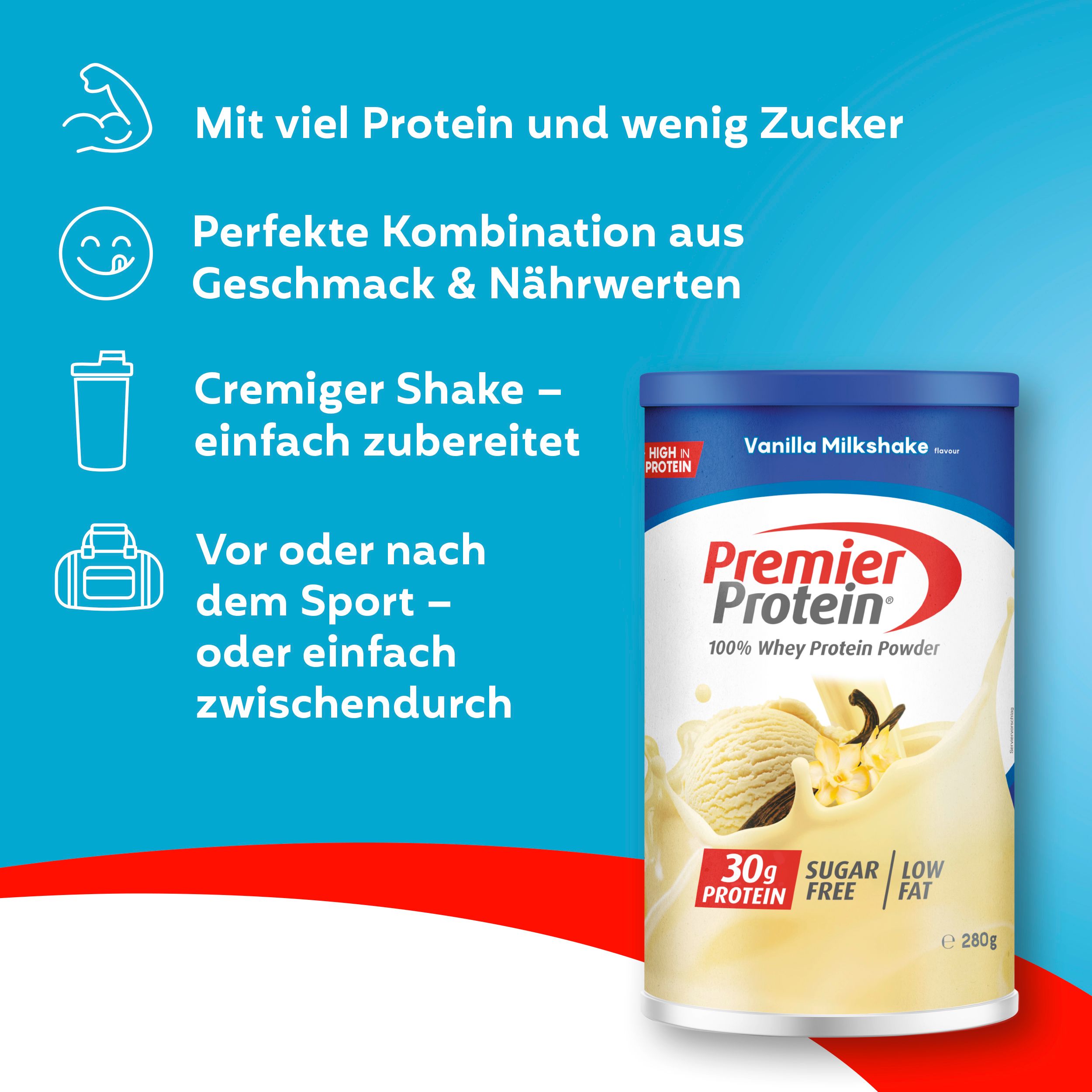 PREMIER PROTEIN Whey 100% Protein Powder Vanilla Milkshake ohne Zucker 6 x 280 g
