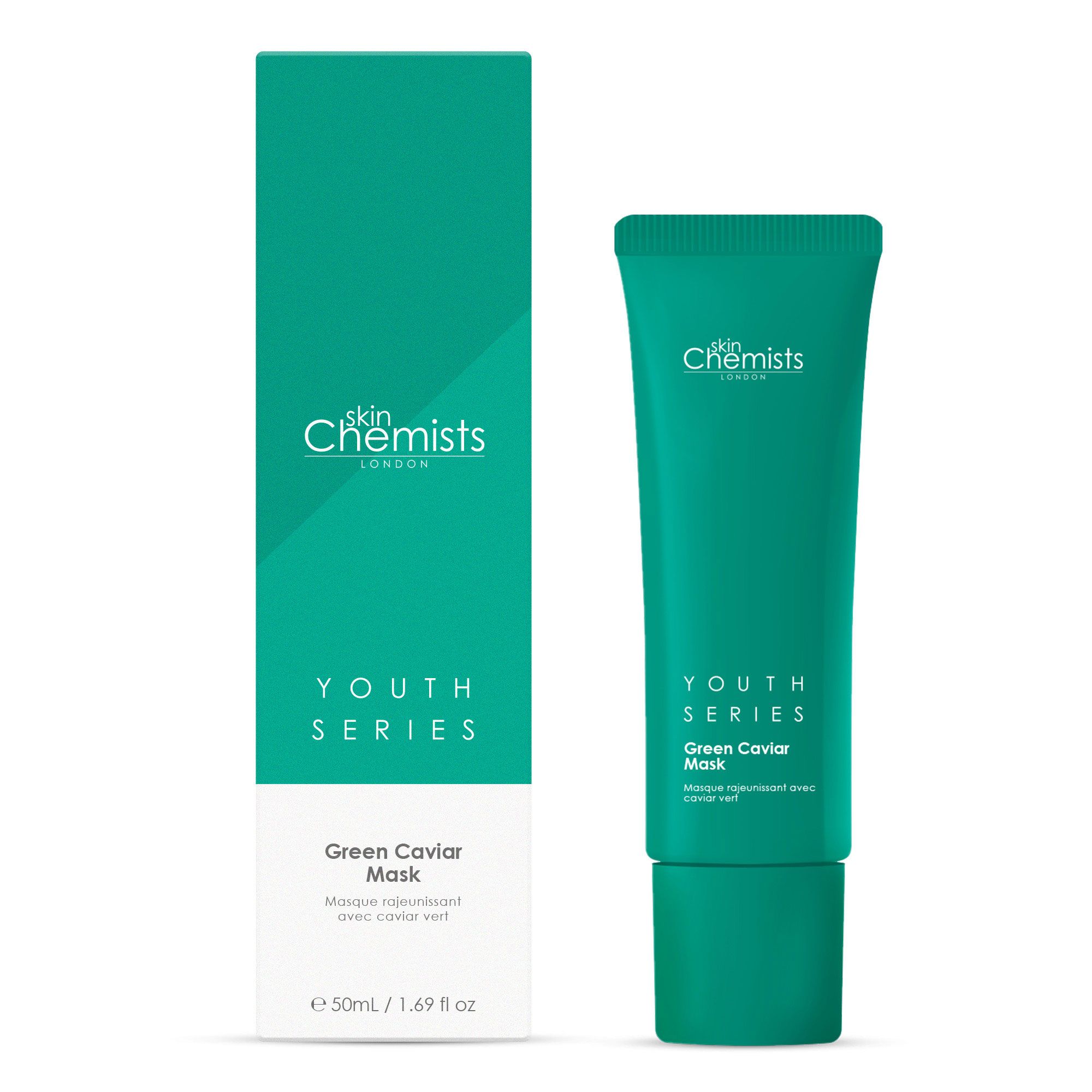 Grüne Tube und Verpackung. Aufschrift: skinChemists, Youth Series, Green Caviar Mask. 50ml/1.69 fl oz.
