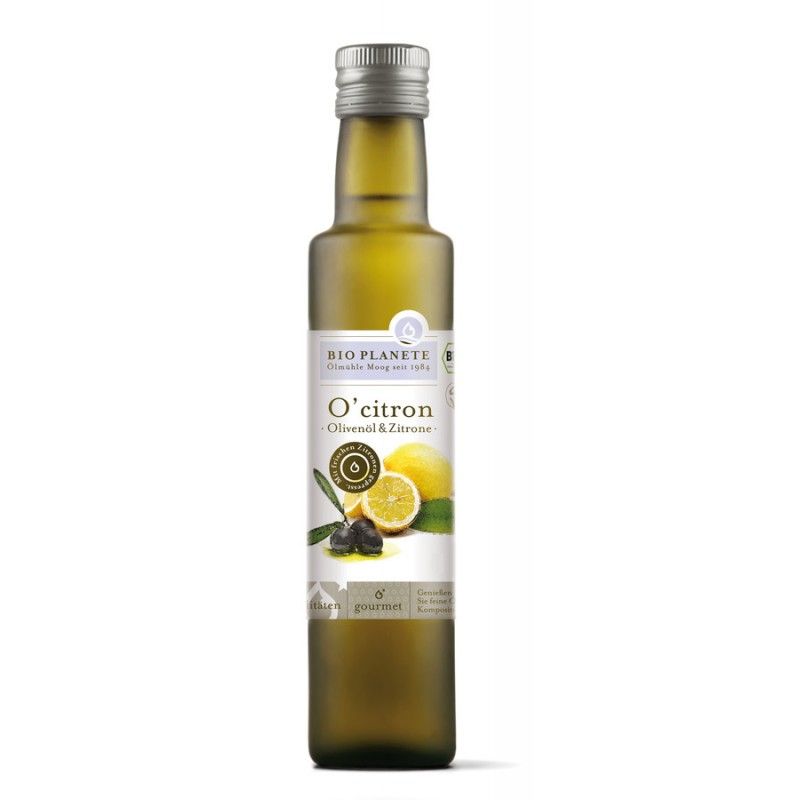 Grüne Glasflasche mit silbernem Deckel. Etikett mit "O'citron Olivenöl & Zitrone", Zitrone und Oliven abgebildet. Bio Planete Logo.