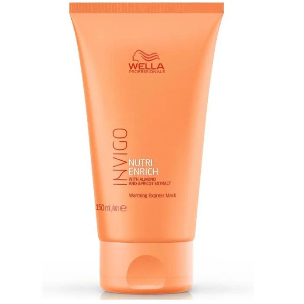 Wella Invigo Nutri Enrich Mask. Orangefarbene Tube, Schriftzug Invigo, Nutri-Enrich, 150ml. Mandel- und Aprikosenextrakt.