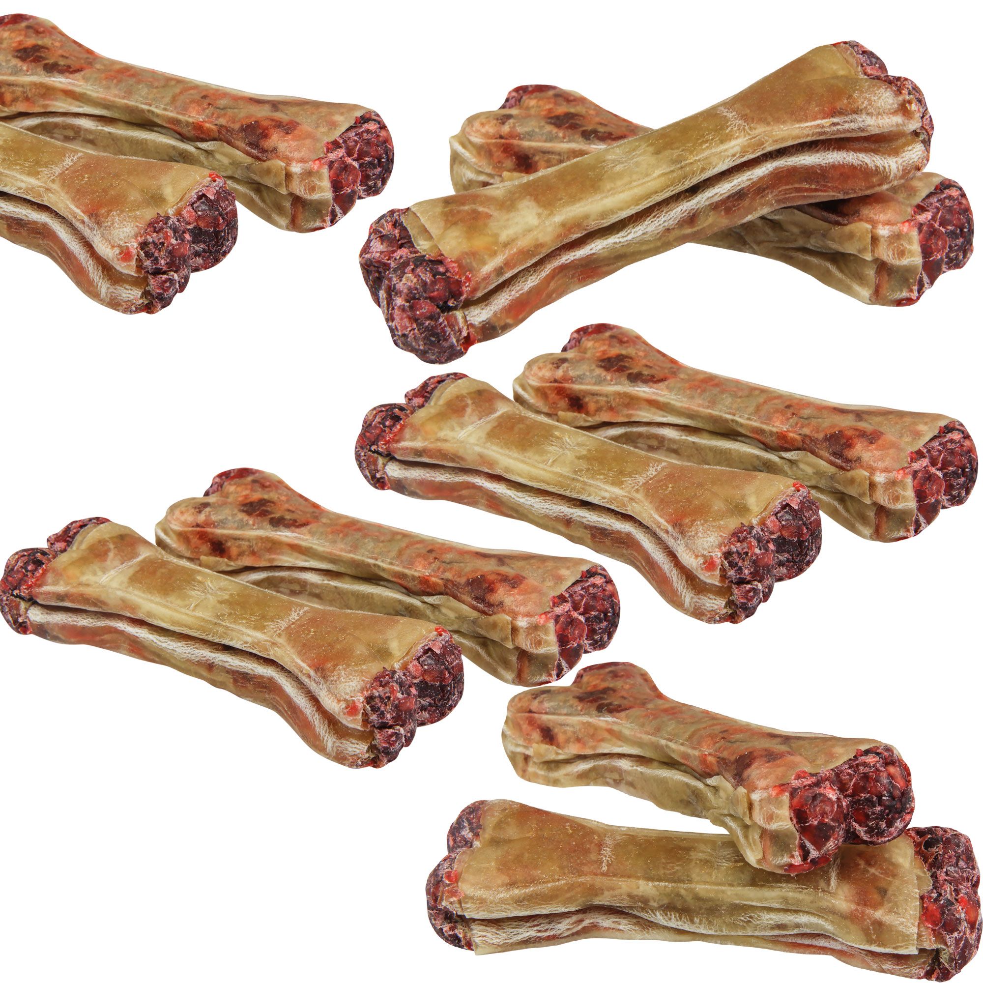Mehrere Kauknochen mit Salami-Geschmack. Knochenförmig, gefüllt, braun-rot. Mehrere Ansichten.
