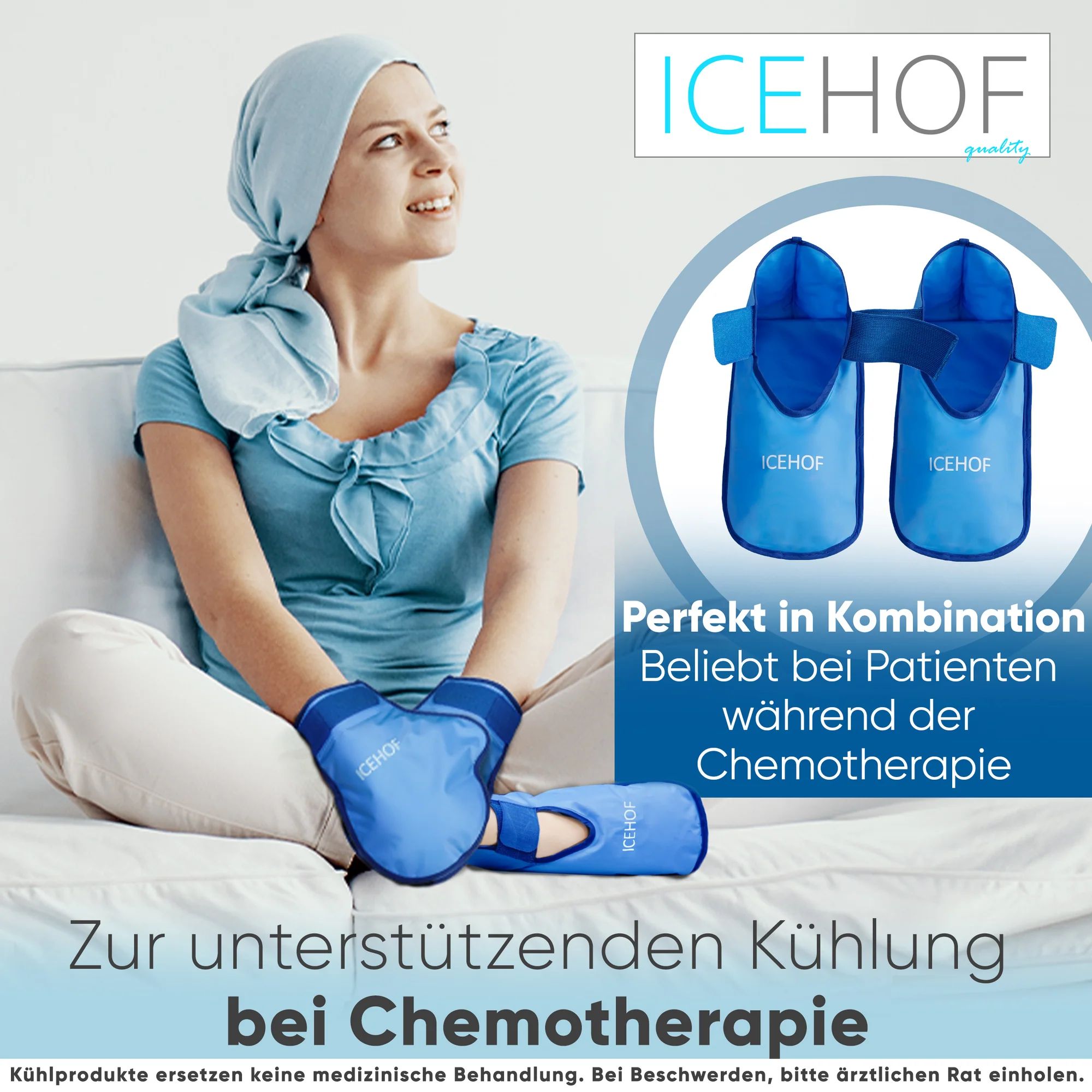Frau mit Kopftuch und ICEHOF Kühlhandschuhen. Geeignet für Patienten während der Chemotherapie zur unterstützenden Kühlung.