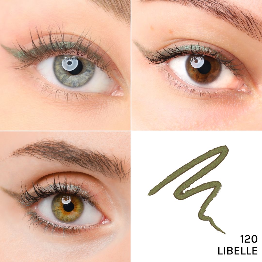 Vier Nahaufnahmen von Augen mit grünem Eyeliner. Ein Strich Eyeliner und Text: 120 LIBELLE.