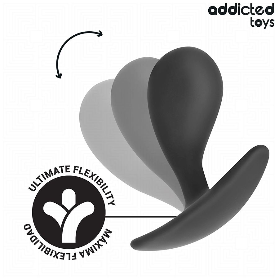 Schwarzer Analplug mit Flexibilitätsgrafik. Addicted Toys Logo oben rechts.