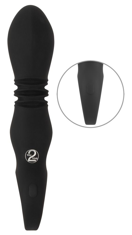Schwarzer Vibrator mit geriffelter Textur am Schaft. Konische Form. YOU2 TOYS Logo. Detailansicht.