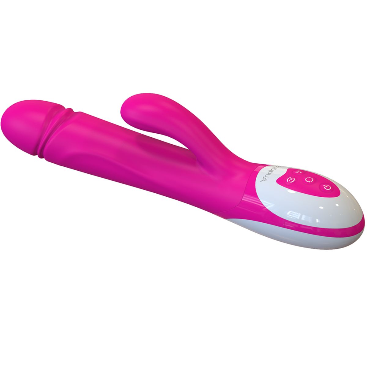 Pinkfarbener Vibrator mit gebogener Spitze und Bedienfeld. Weißes Bedienfeld mit Symbolen. Nalone.