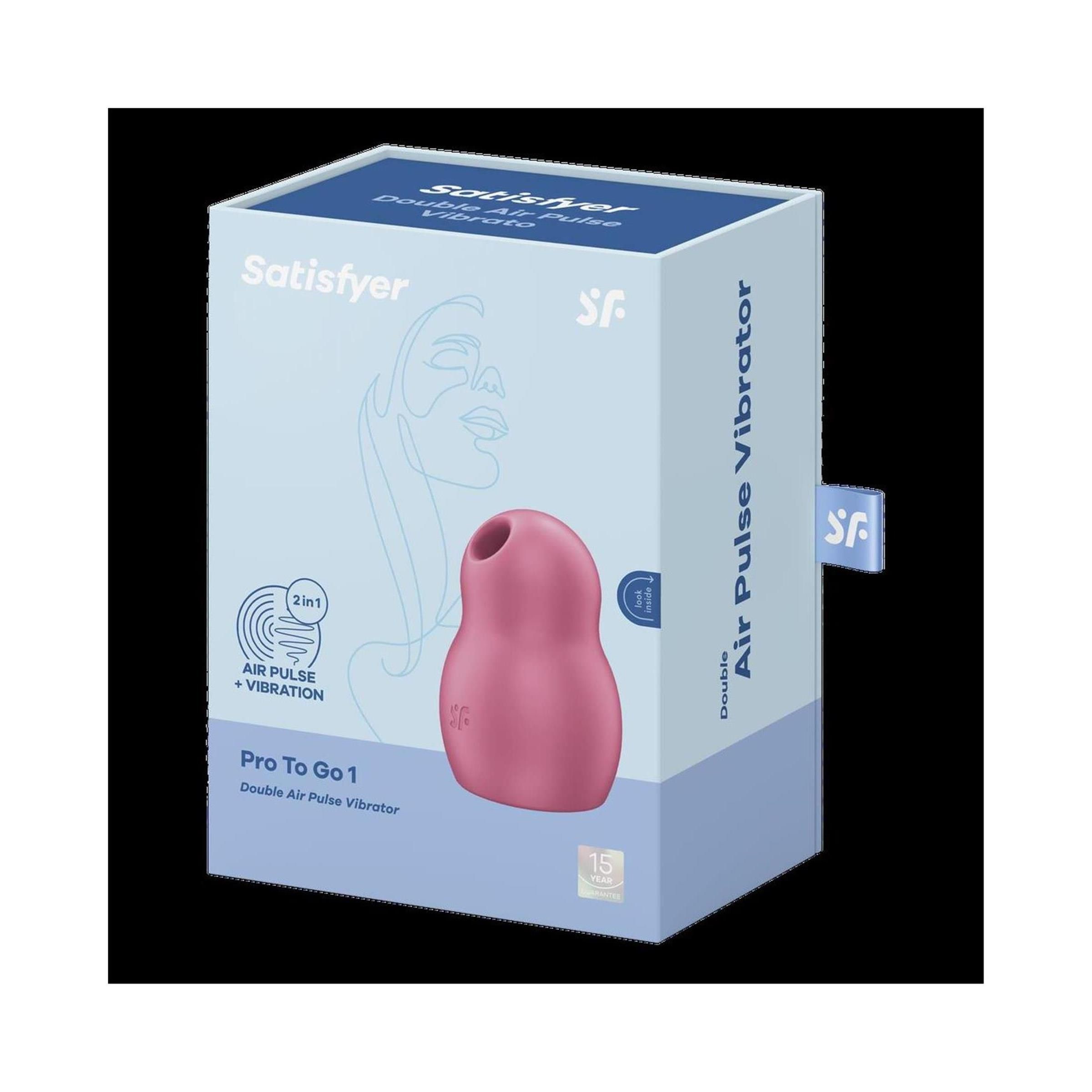 Verpackung mit Produktabbildung. Text: Satisfyer, Pro To Go 1, Air Pulse Vibrator. Logo.