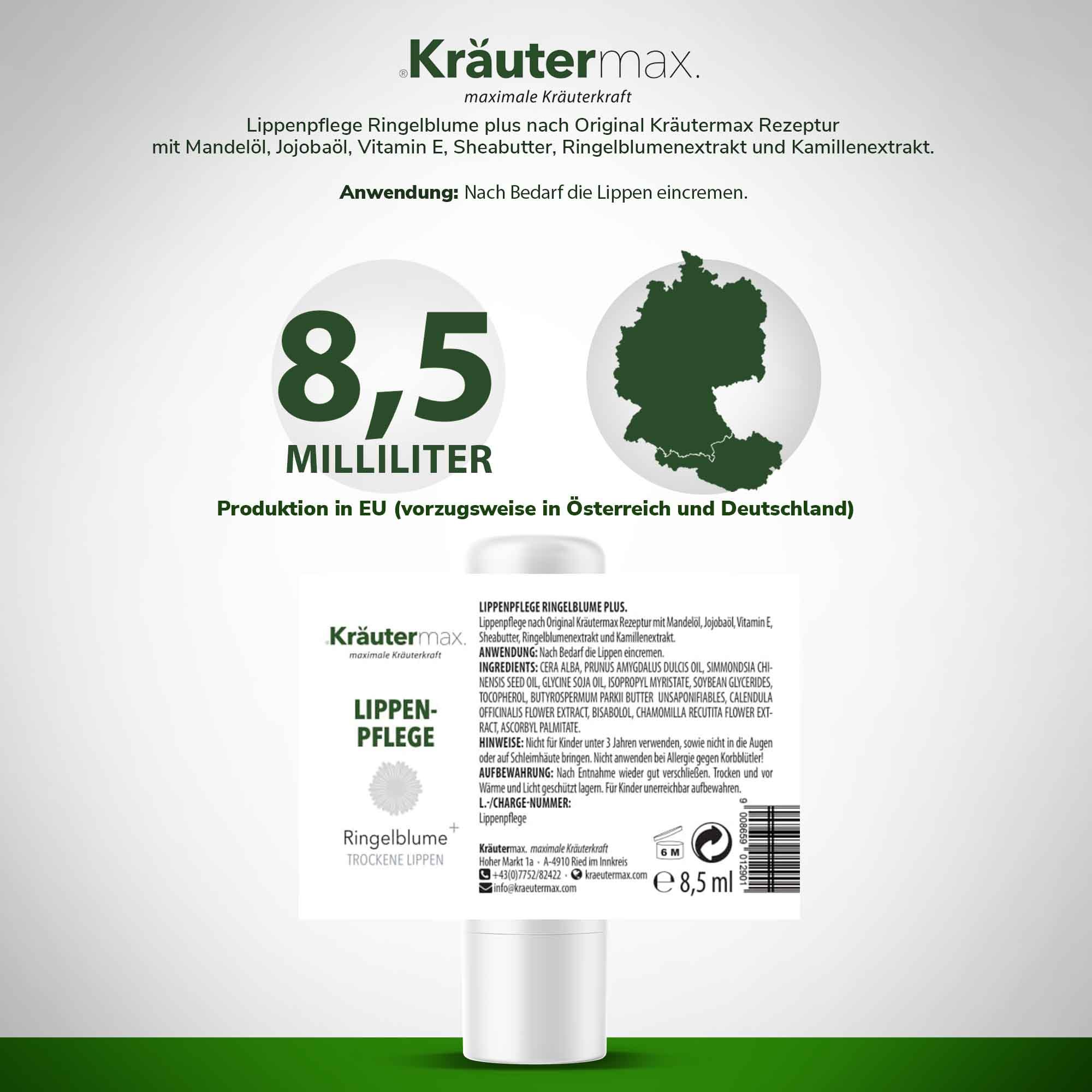 Lippenpflege Ringelblume Kräutermax. Verpackung mit Produkt, Text, Inhaltsstoffen, EU-Produktion, 8,5 ml. Deutschlandkarte.