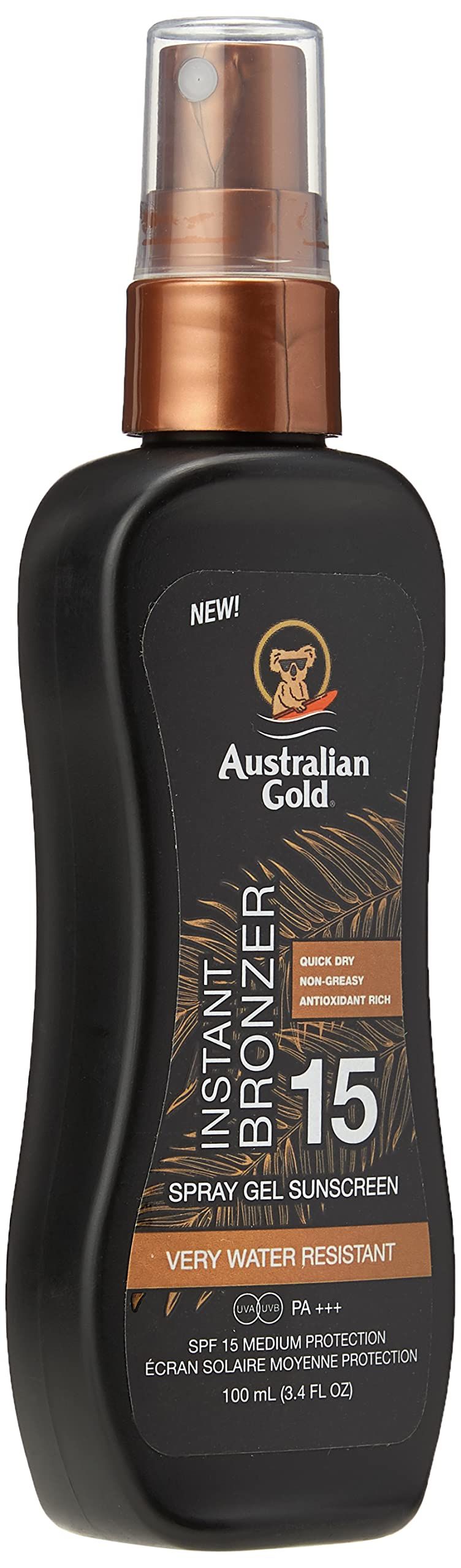 Schwarze Sprühflasche mit braunem Deckel. Aufschrift: Australian Gold, Instant Bronzer, 15, Spray Gel Sunscreen. Sehr wasserfest.
