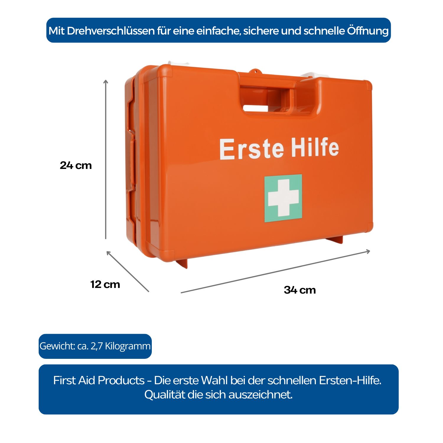 Oranger Erste-Hilfe-Koffer mit Maßen: 34x24x12 cm. Gewicht ca. 2,7 kg. Text: "Erste Hilfe". Mit Dreihverschluss.