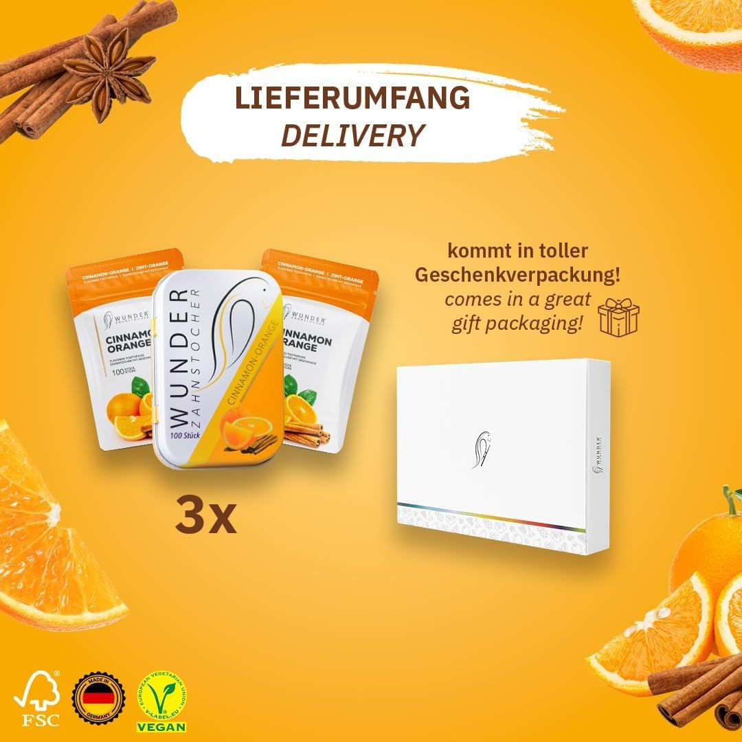 Zahnstocher-Set mit Metallbox, 2 Nachfüllpackungen und Geschenkbox. Zimt-Orange-Geschmack.